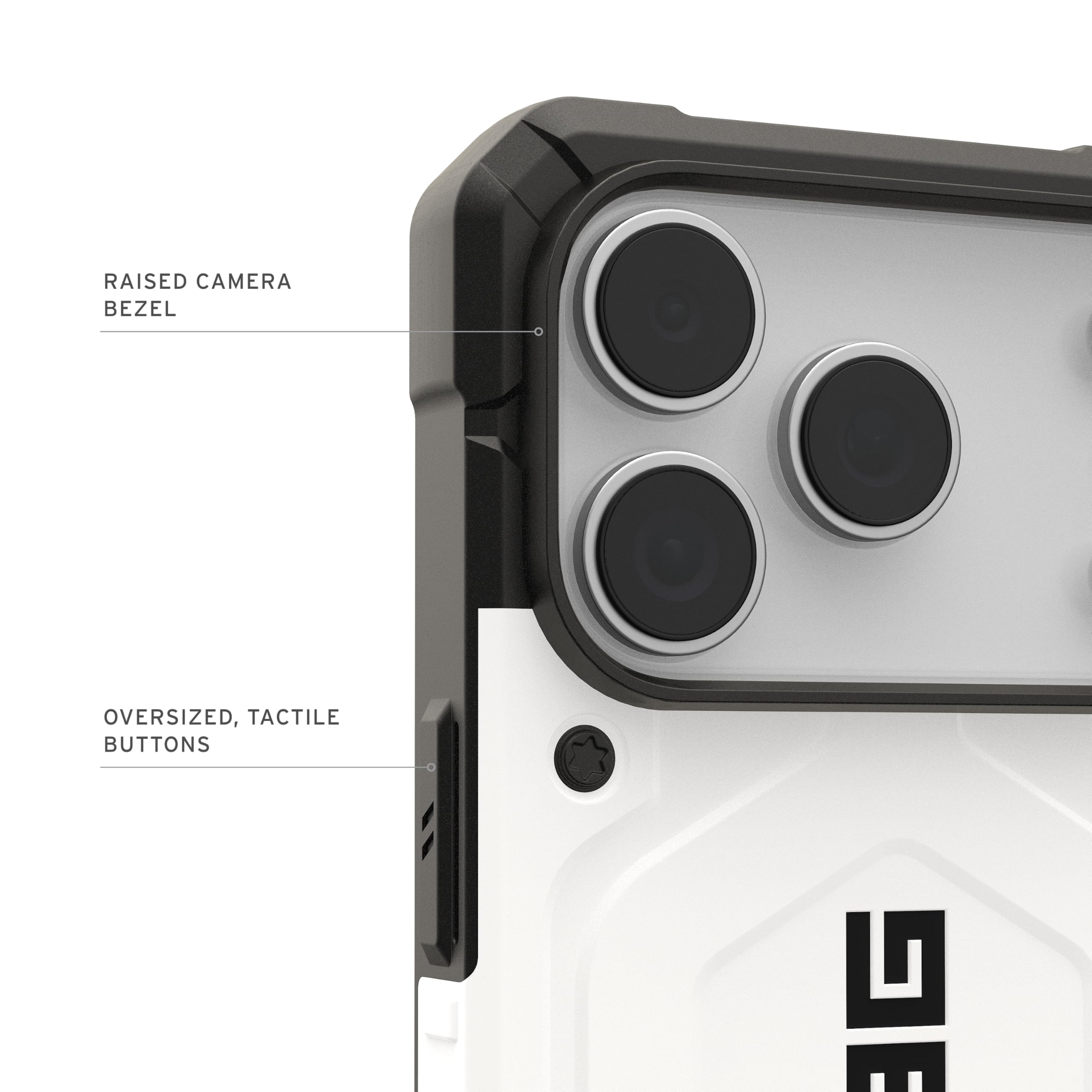 RAISED CAMERA BEZEL  
OVERSIZED, TACTILE BUTTONS