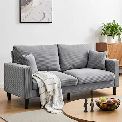 Front. Trinkets Crazed - 74" Small Couch, Loveseat Sofa with Modern Corduroy Fabric and 2 Pillows for Living Room - light gray.