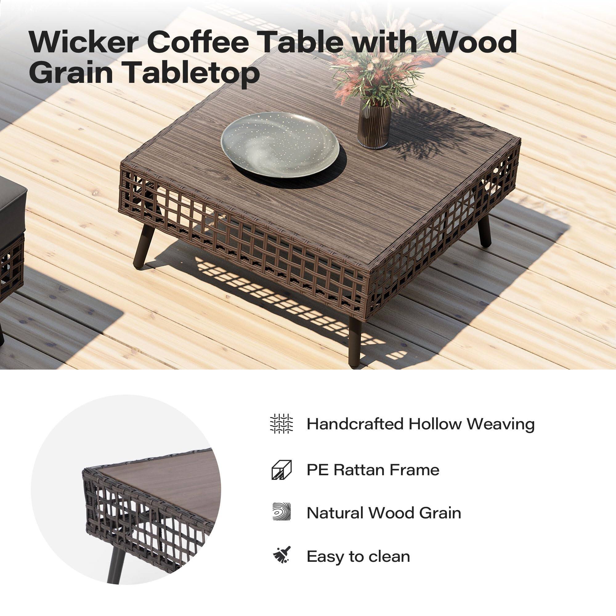 Wicker Coffee Table with Wood Grain Tabletop

- Handcrafted Hollow Weaving
- PE Rattan Frame
- Natural Wood Grain
- Easy to clean