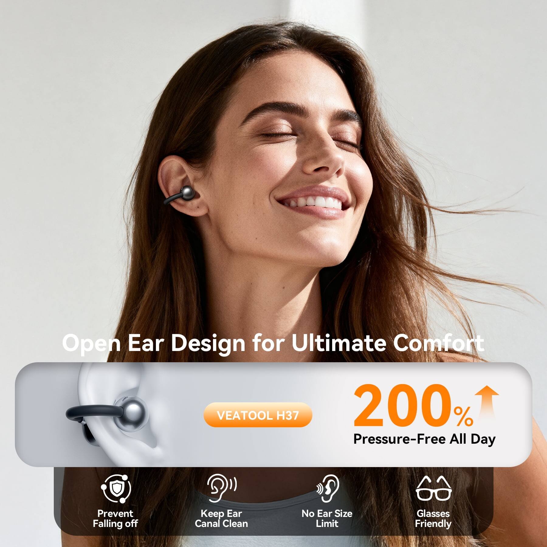 Open Ear Design for Ultimate Comfort  
VEATOOL H37  
200% Pressure-Free All Day  
Prevent Falling off  
Keep Ear Canal Clean  
No Ear Size Limit  
Glasses Friendly