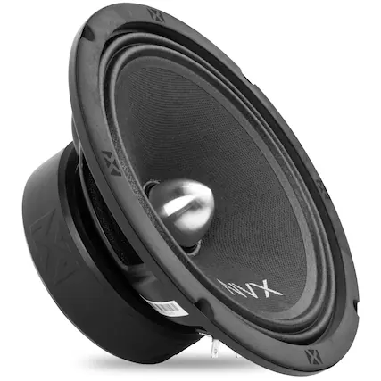 Front. NVX - VPRO8BM (Sold Individually) 500W Peak (250W RMS) 8in V-Series Pro Midrange Loudspeaker with Bullet Aluminum Phase Plug.