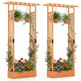 Costway - 2 PCS 89" Wooden Raised Garden Bed with Trellis & Hanging Roof, Drainage Holes - Orange