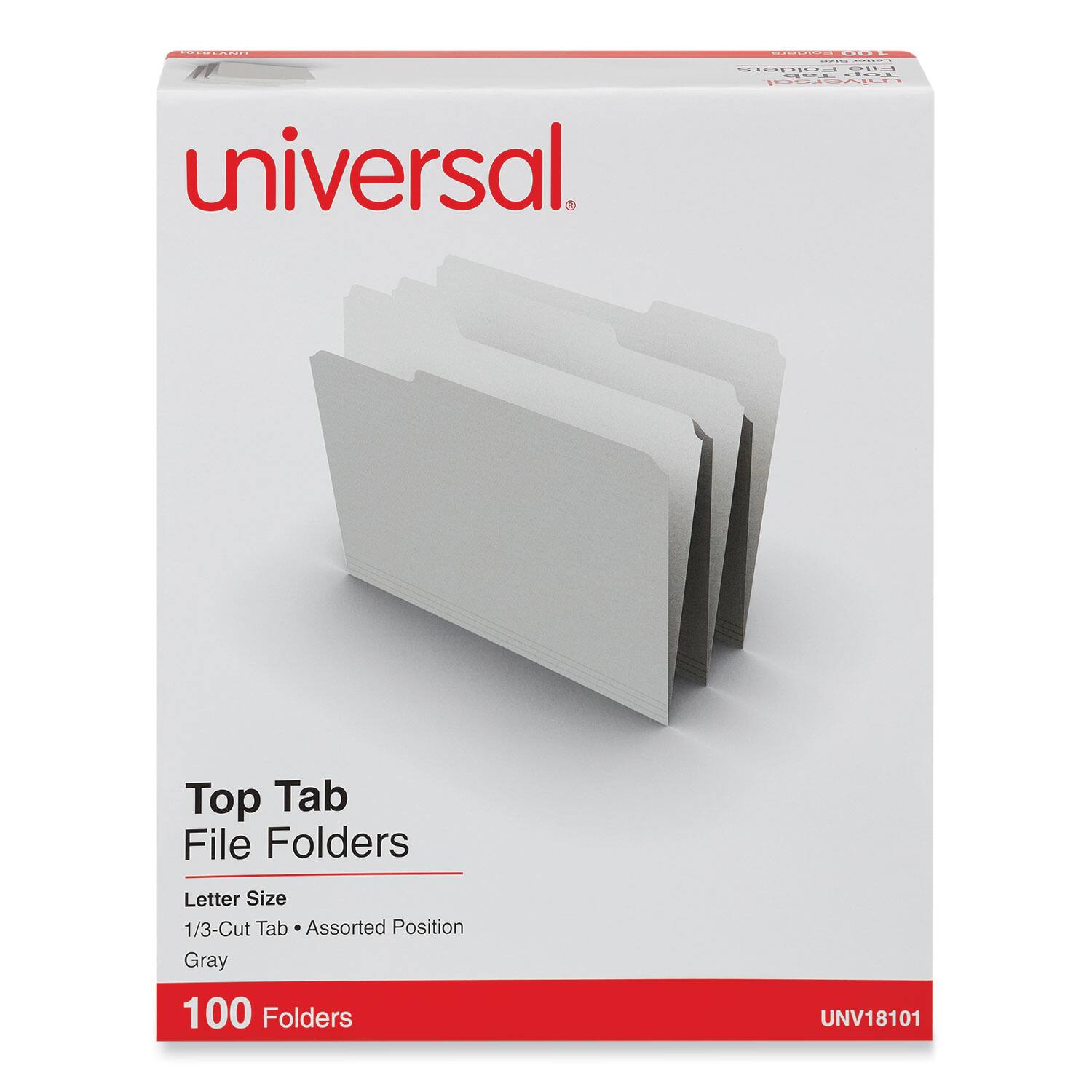 Universal  
Top Tab File Folders  
Letter Size  
1/3-Cut Tab • Assorted Position  
Gray  
100 Folders  
UNV18101