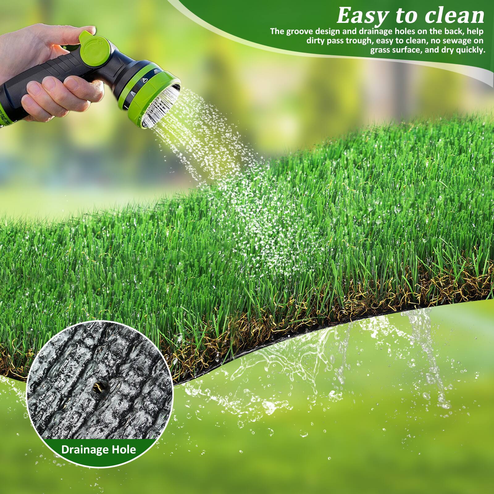 Easy to clean  
The groove design and drainage holes on the back, help dirty pass through, easy to clean, no sewage on grass surface, and dry quickly.  

Drainage Hole