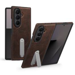 Dteck - Magnetic Case for Samsung Galaxy Z Fold7 Shockproof PU Leather Slim Kickstand Cover - Coffee