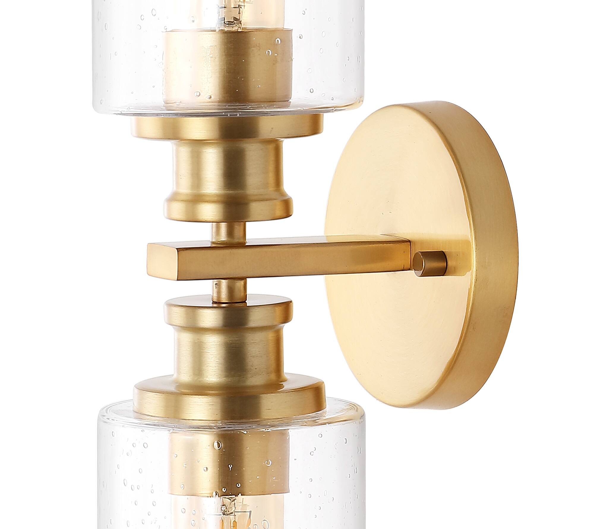 Alt View 4. Jonathan Y - Jules Edison 16.5" Cylinder 2-Light Iron/Seeded Glass Farmhouse Contemporary LED Wall Sconce, Brass Gold - Brass Gold.
