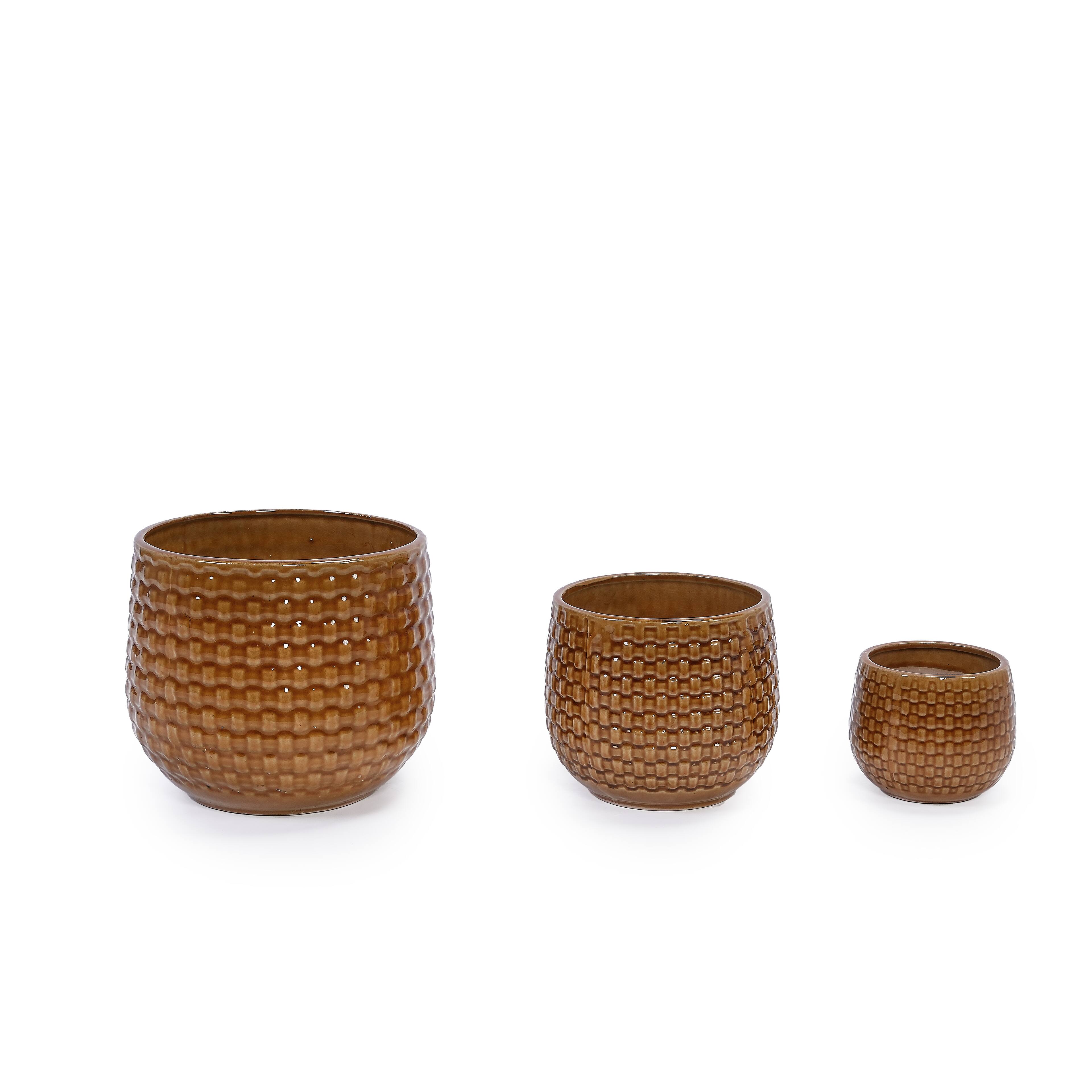 Angle. Loheer - Loheer Ceramic Planter Set, Handmade Glazed Planter Set of 3 with Drainage, Diamond Pattern Terracotta Brown Pots.