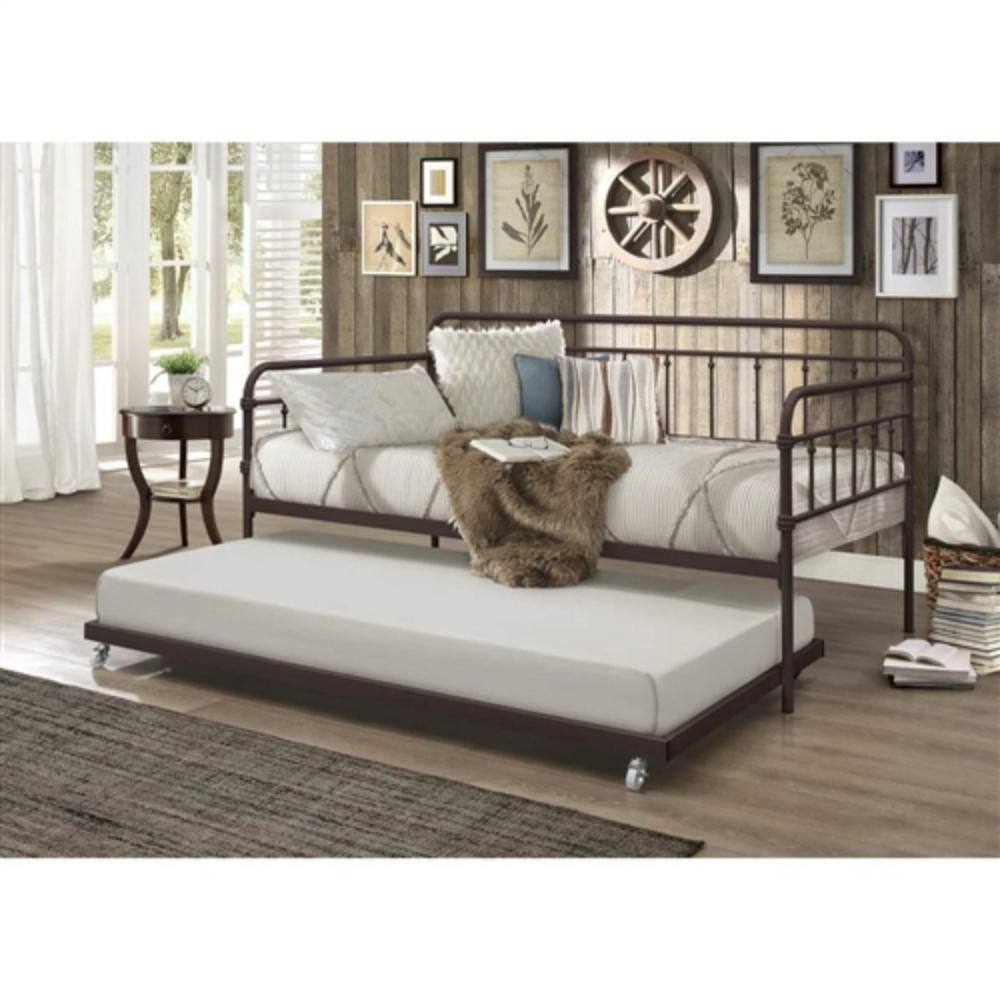 Angle. Hivvago - Twin size Rounded Iron Daybed with Roll Out Trundle Bed Frame in Copper Brown - Copper Brown.