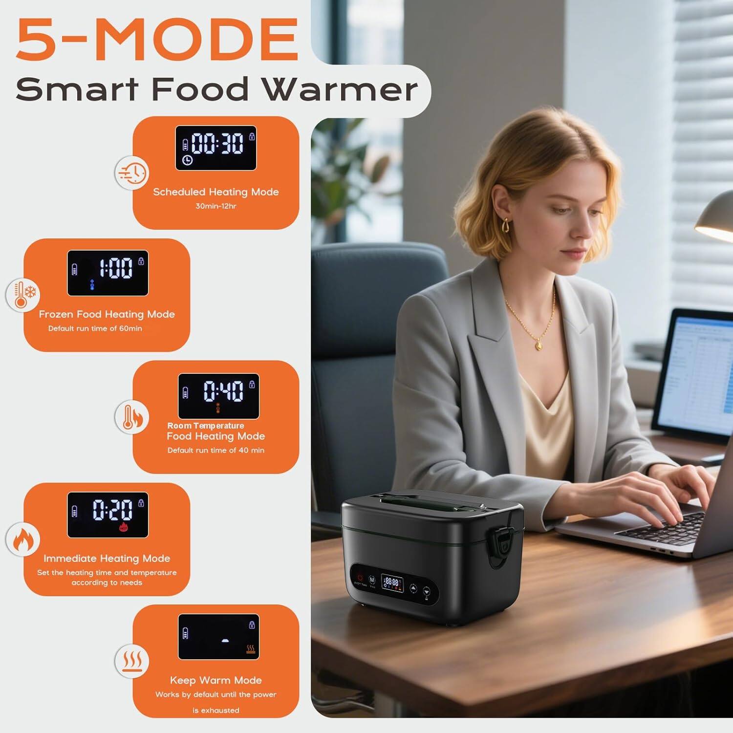 5-MODE Smart Food Warmer

- Scheduled Heating Mode
  - 30min-12hr

- Frozen Food Heating Mode
  - Default run time of 60min

- Room Temperature Food Heating Mode
  - Default run time of 40 min

- Immediate Heating Mode
  - Set the heating time and temperature according to needs

- Keep Warm Mode
  - Works by default until the power is exhausted