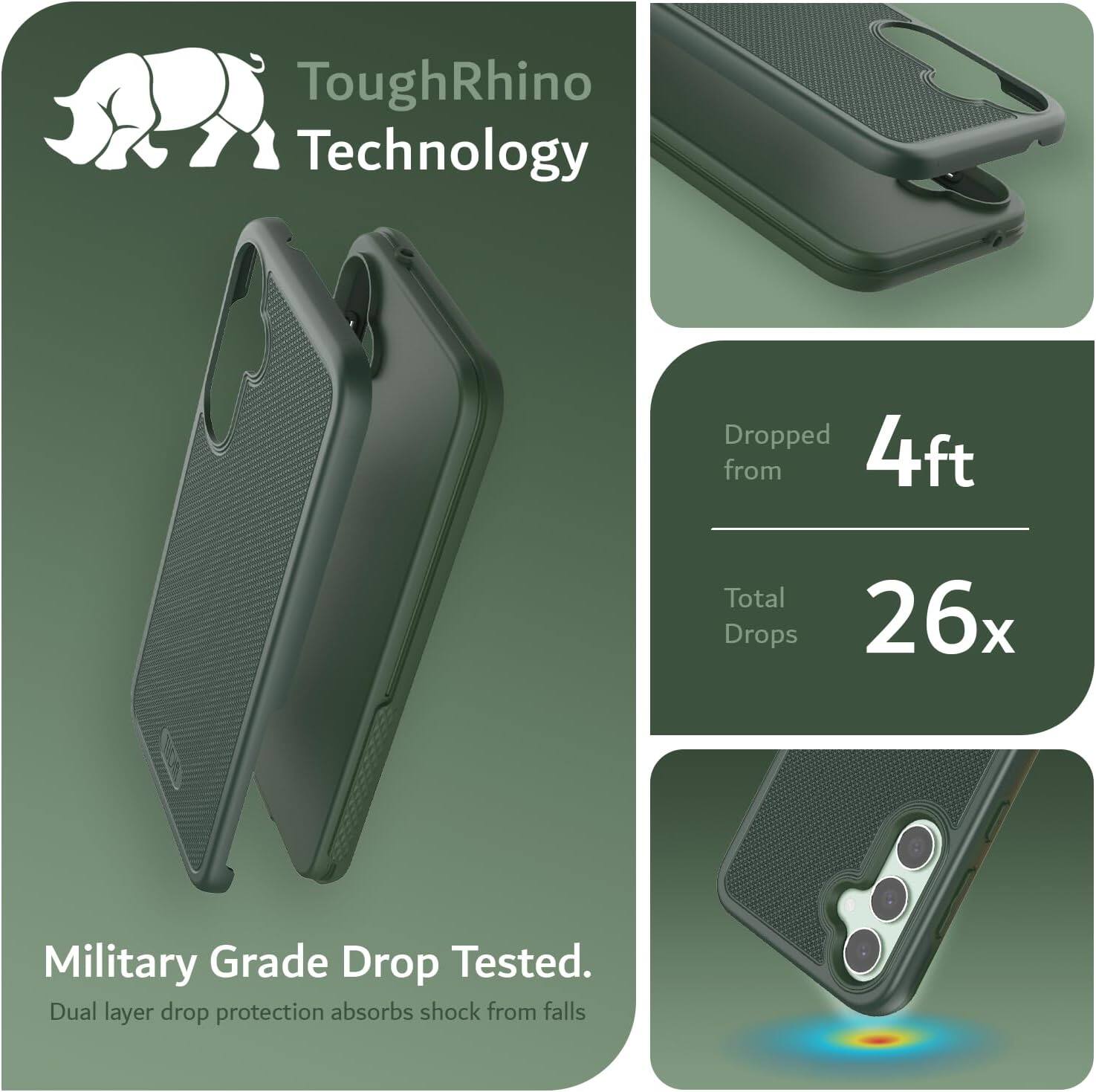 ToughRhino Technology

Dropped from 4ft  
Total Drops 26x

Military Grade Drop Tested.  
Dual layer drop protection absorbs shock from falls