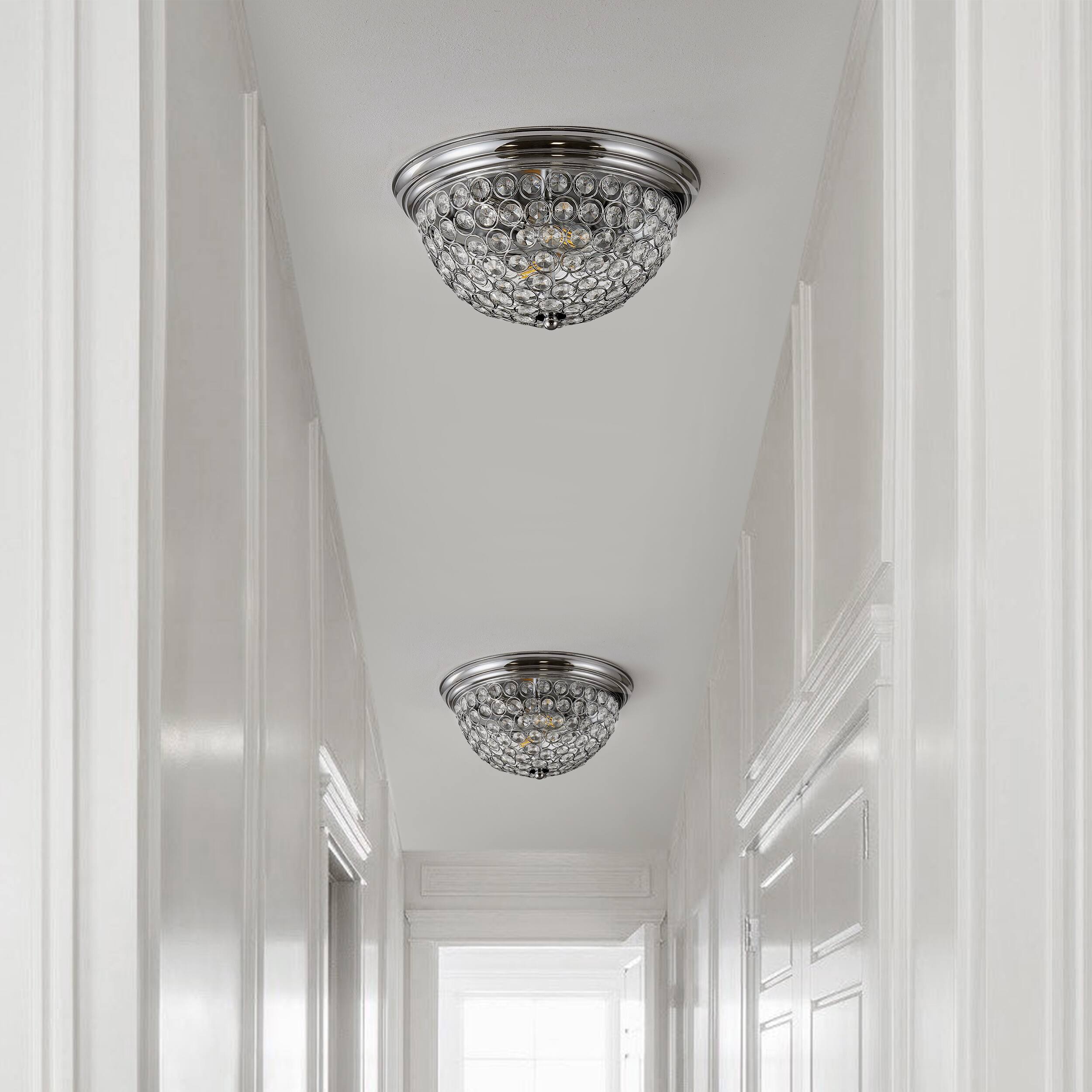 Alt View 4. Jonathan Y - Malia 12" 1-Light Traditional Transitional Iron LED Flush Mount, Chrome/Clear (Set of 2) - Chrome.