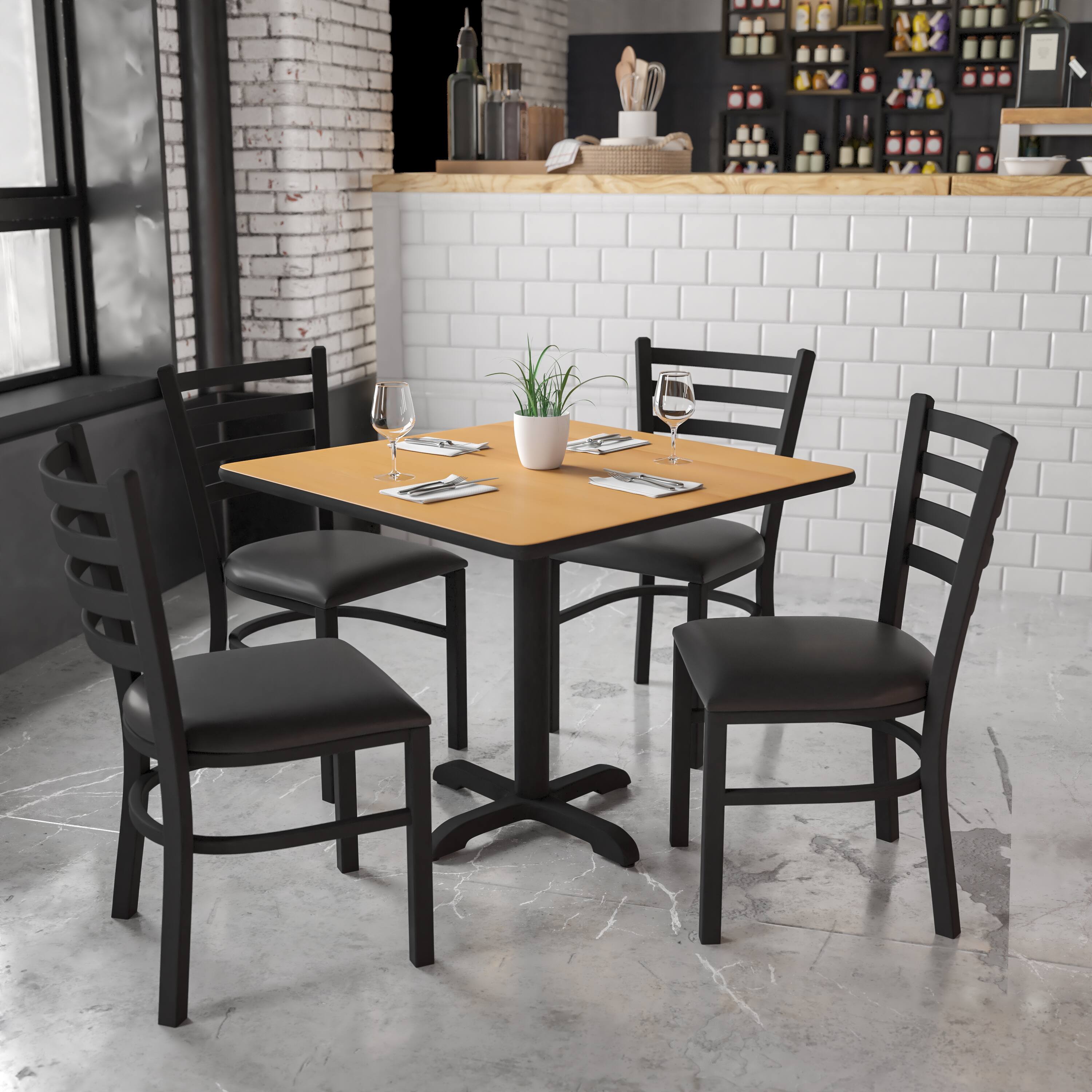 Alt View 1. Emma + Oliver - 36" Square Laminate X-Base Table Set with 4 Ladder Back Chairs - Natural Top/Black Vinyl Seat.
