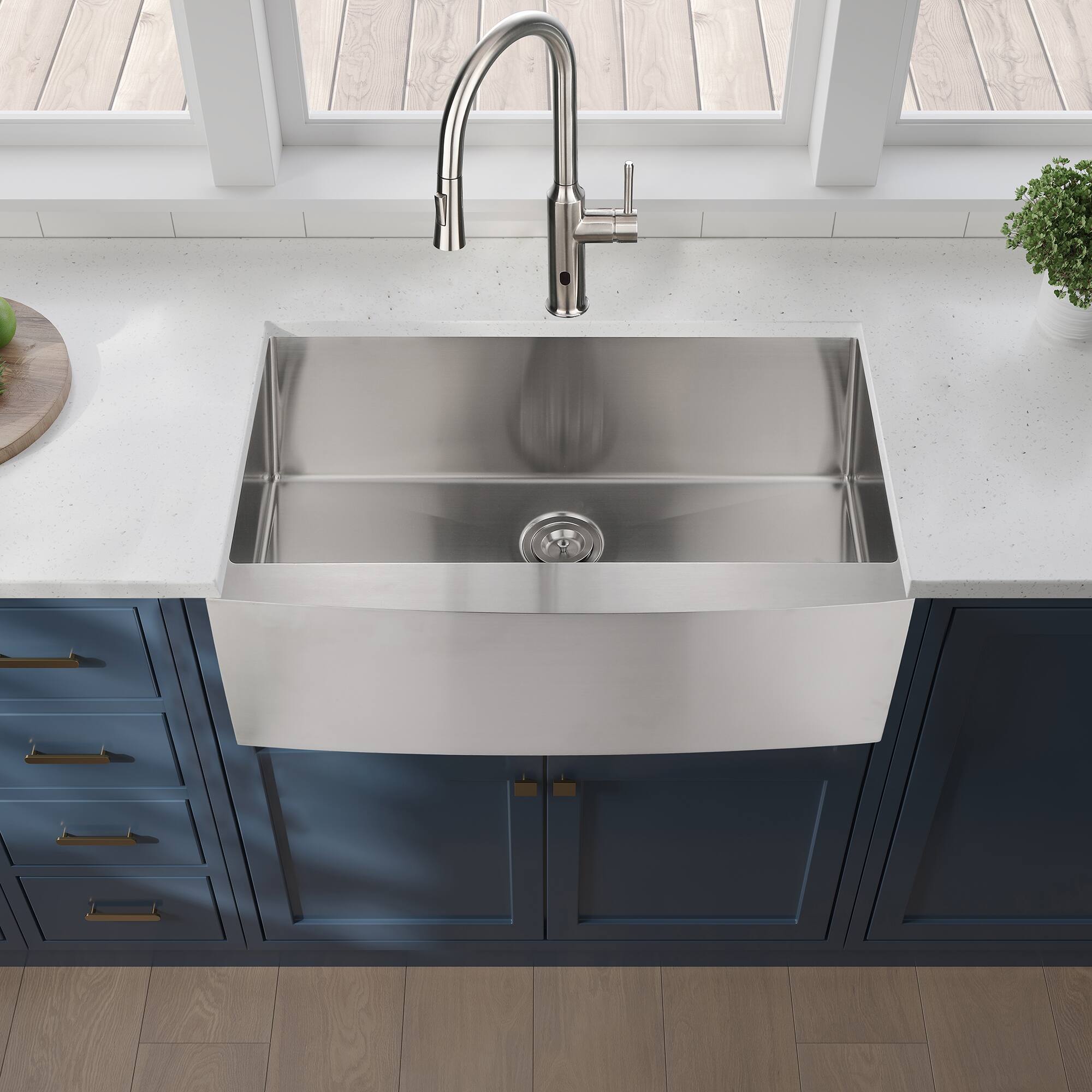Angle. ELEMENT ACE - 30" Farmhouse Apron Front Single Bowl Stainless Steel Kitchen Sink - Brushed Nickel.