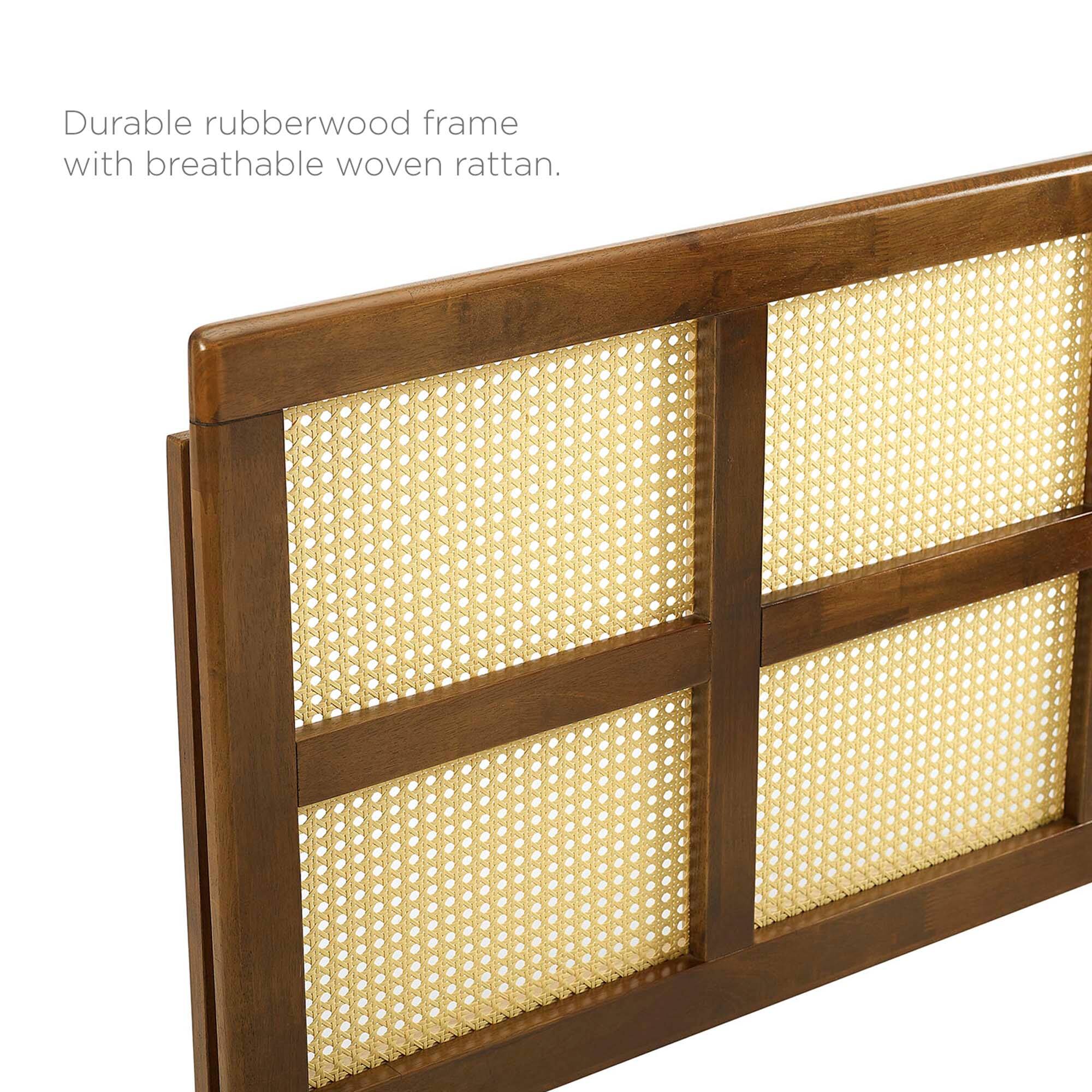 Durable rubberwood frame with breathable woven rattan.