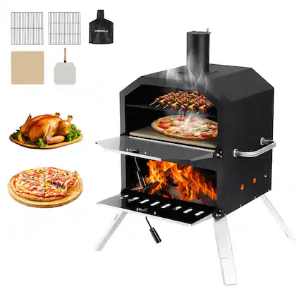 Front. GlowWise - 16'' Wood-Fired Pizza Oven for Outdoor Cooking - Includes Pizza Stone, Peel, Grill Grate & Cover for Backyard/Camping - Black.