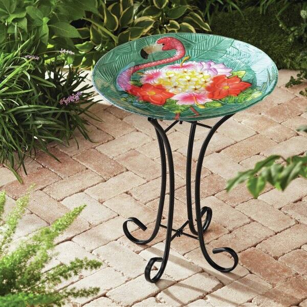 Angle. Teamson Home - Teamson Home 17.8" Outdoor Handpainted Flamingo Glass Birdbath, Multi.