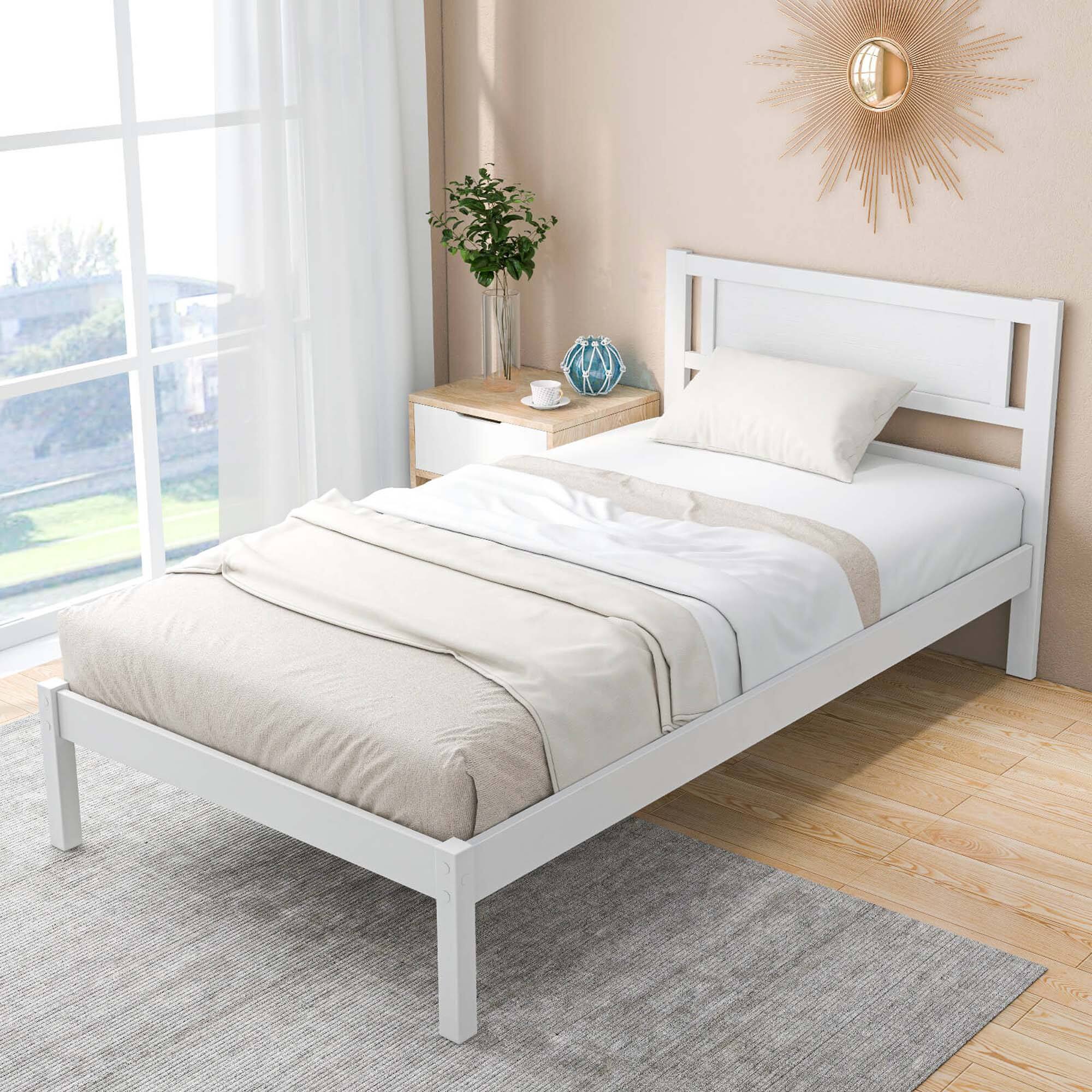 Angle. Costway - Twin Wooden Platform Bed with 12 Slats Headboard & Under Bed Storage - White.