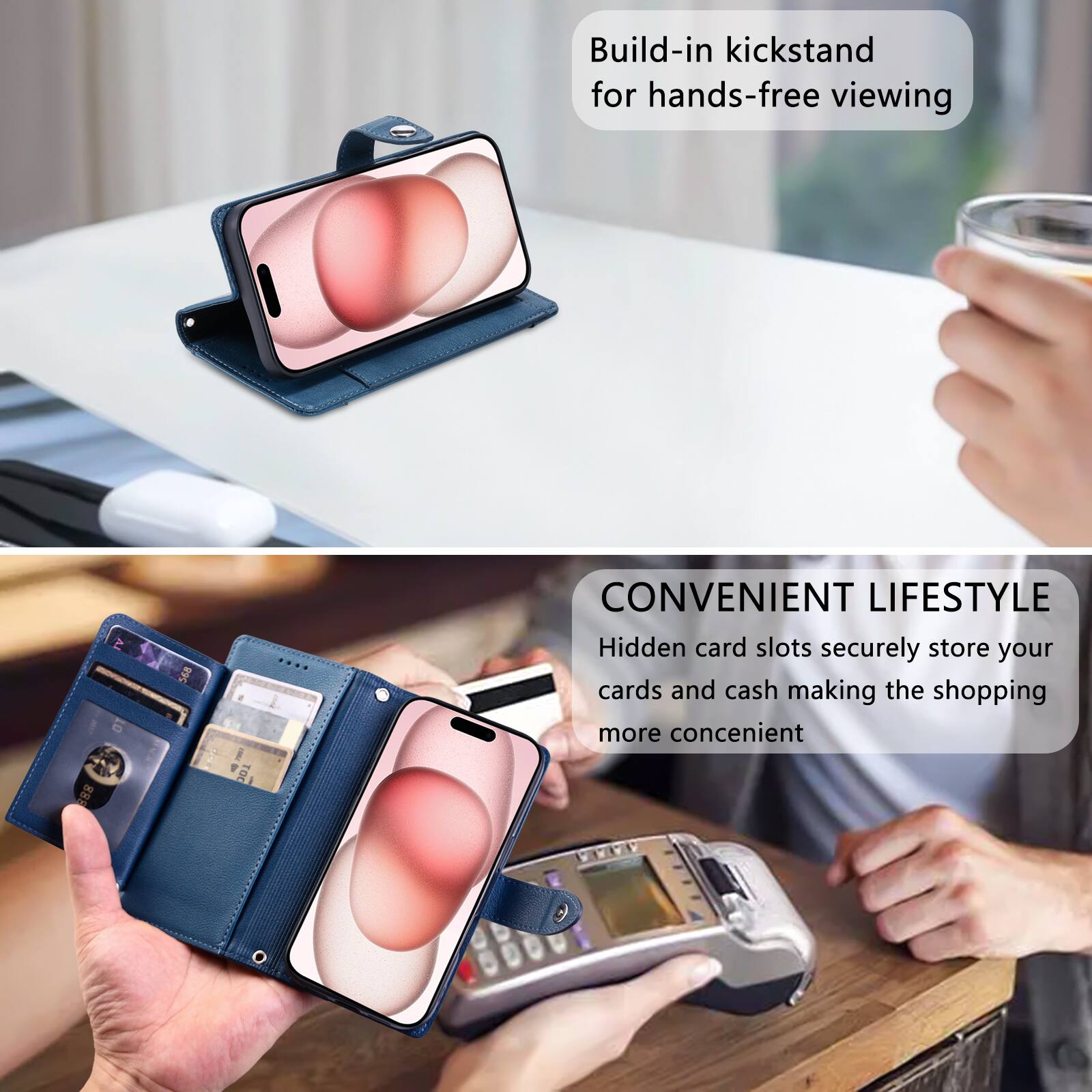 Build-in kickstand for hands-free viewing

CONVENIENT LIFESTYLE
Hidden card slots securely store your cards and cash making the shopping more convenient