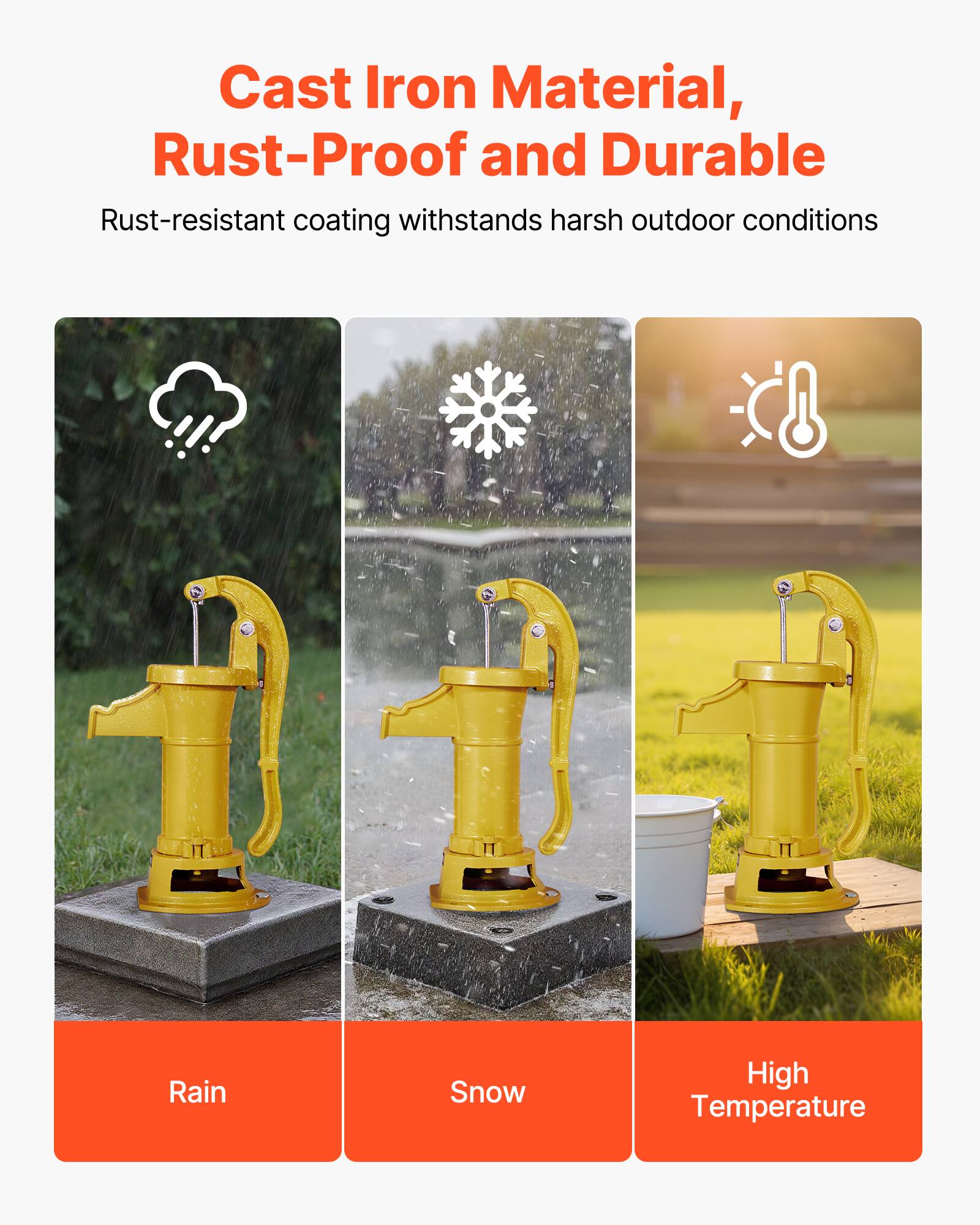 Cast Iron Material, Rust-Proof and Durable

Rust-resistant coating withstands harsh outdoor conditions

Rain Snow High Temperature