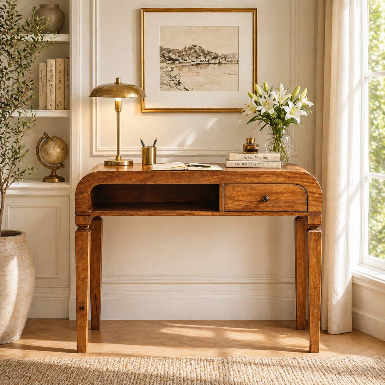 Artisan Furniture - Solid Wood Curved Open Shelf Writing Desk - Brown price history on PriceWatchPro