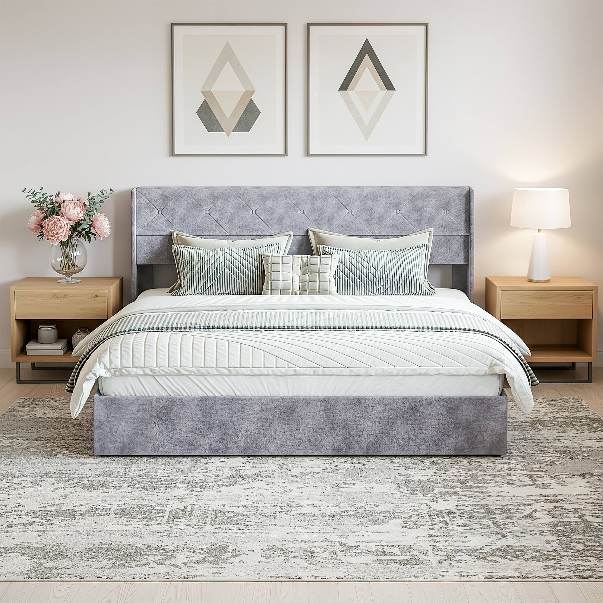 Angle. AENKYO - King Size Bed Frame with Lift-Up Storage Upholstered Platform Bed No Box Spring Needed/Easy Assembly - Gray.