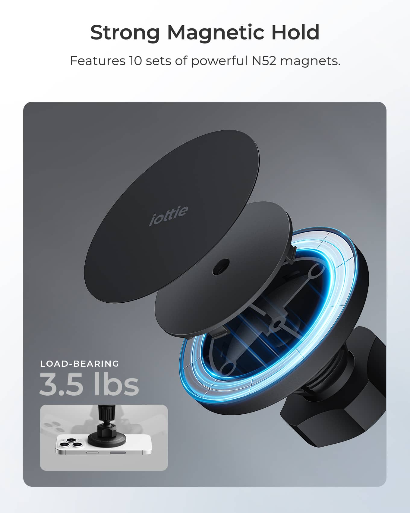 Strong Magnetic Hold features 10 sets of powerful N52 magnets. iOttie LOAD-BEARING 3.5 lbs.