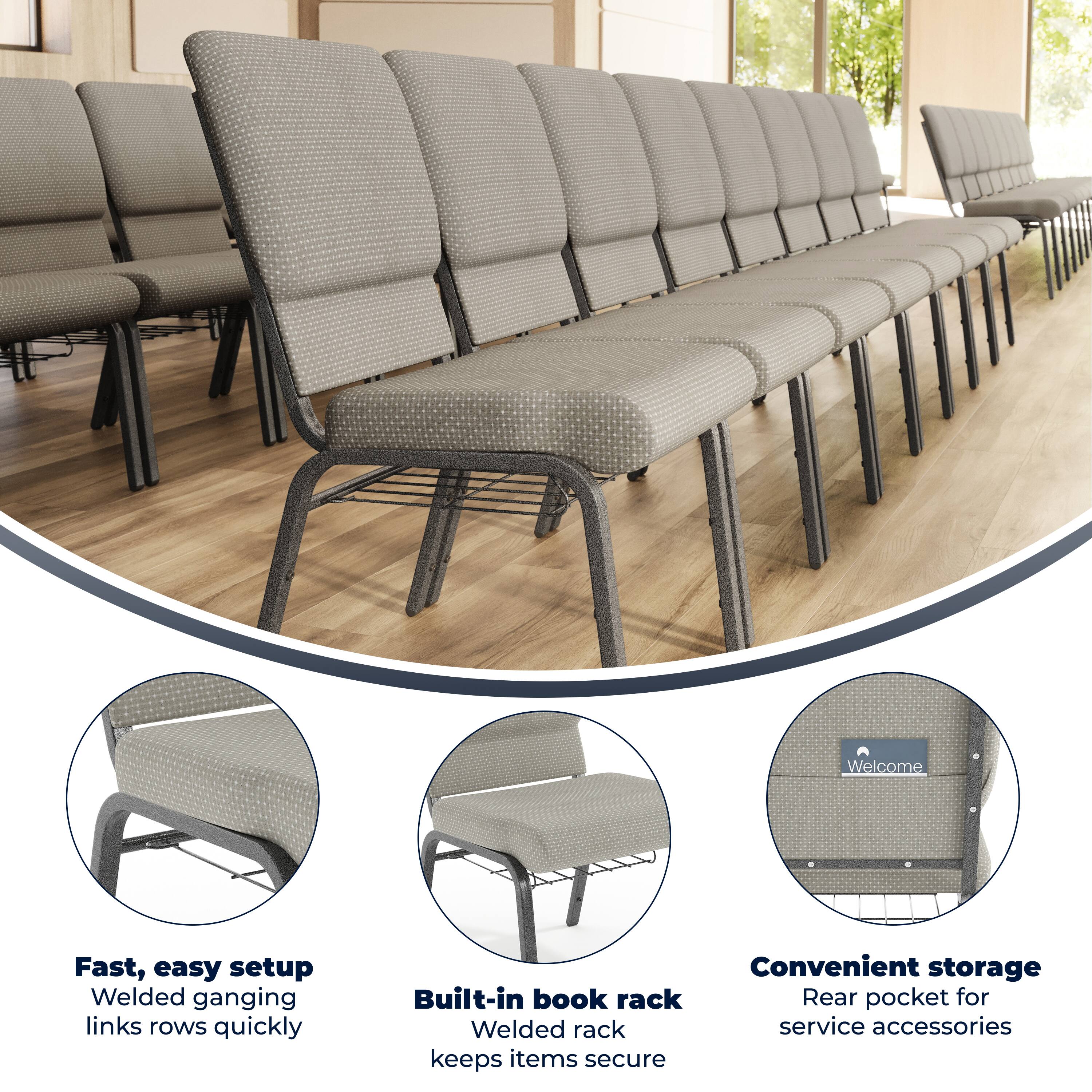 Welcome

Fast, easy setup
Welded ganging links rows quickly

Built-in book rack
Welded rack keeps items secure

Convenient storage
Rear pocket for service accessories
