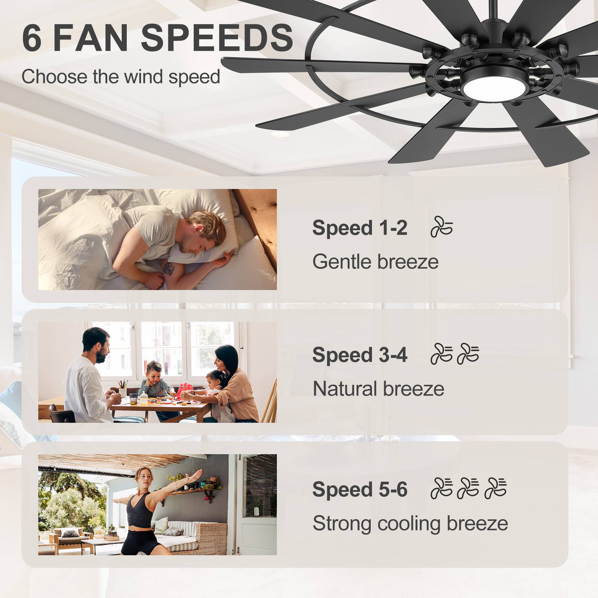 6 FAN SPEEDS  
Choose the wind speed

Speed 1-2  
Gentle breeze

Speed 3-4  
Natural breeze

Speed 5-6  
Strong cooling breeze