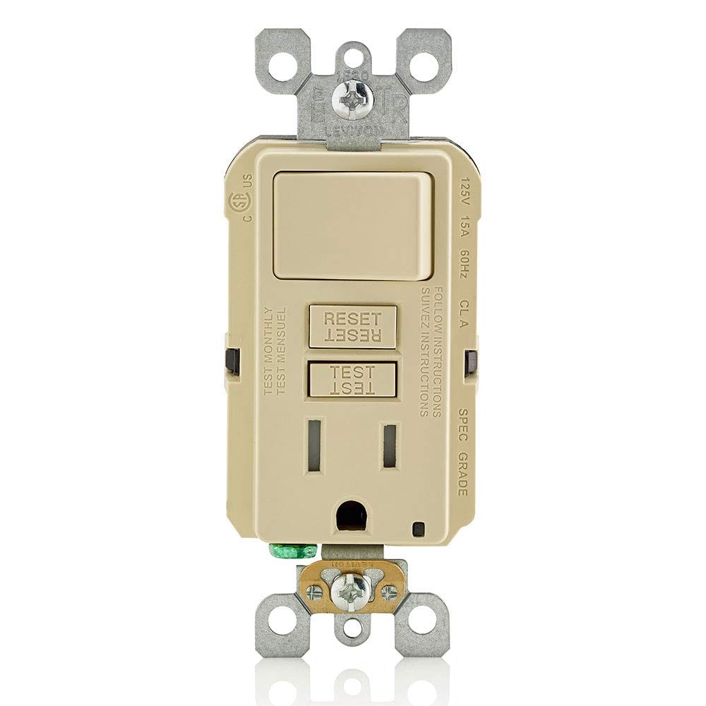 Leviton - GFCI Combination Outlet with Switch, 15 Amp, Self-Test, Tamper-Resistant, LED Indicator (GFSW1-I) - Ivory