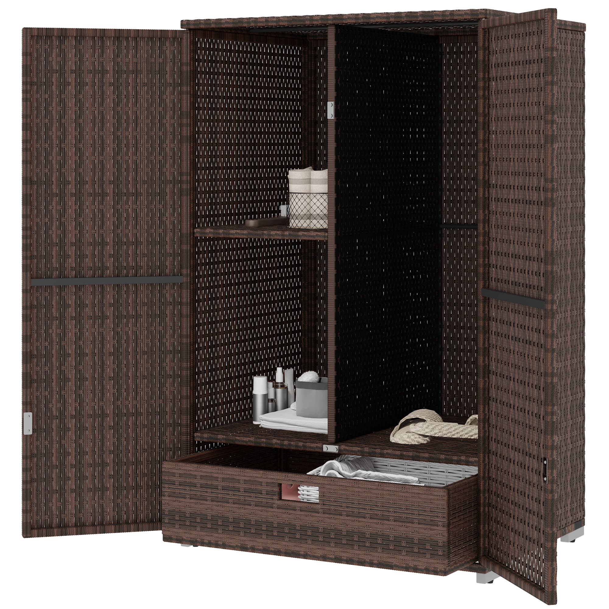 Outsunny - Storage Cabinet with Shelves, Rattan Pool Towel Storage Cabinet with Removable Shelf & Drawer - Brown