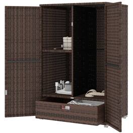 Outsunny - Wicker Outdoor Storage Cabinet with Shelves, 2-Door Rattan Pool Towel Storage Cabinet with Removable Shelf & Drawer - Brown