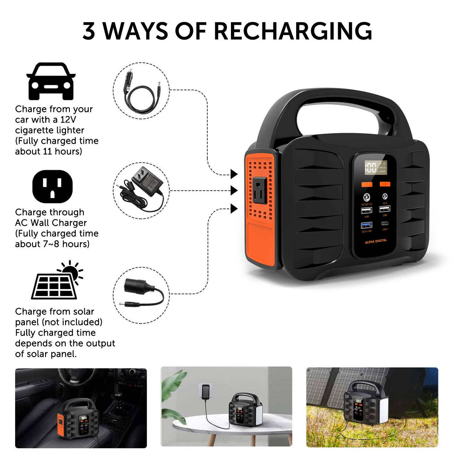 3 WAYS OF RECHARGING

Charge from your car with a 12V cigarette lighter (Fully charged time about 11 hours)

Charge through AC Wall Charger (Fully charged time about 7~8 hours)

Charge from solar panel (not included) Fully charged time depends on the output of solar panel.