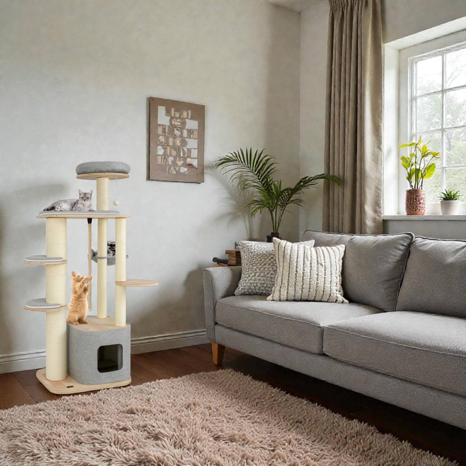 Front. BreeBe - 63" Modern Wooden Cat Tower with Perch, Condo, and Hanging Hammock - Gray.