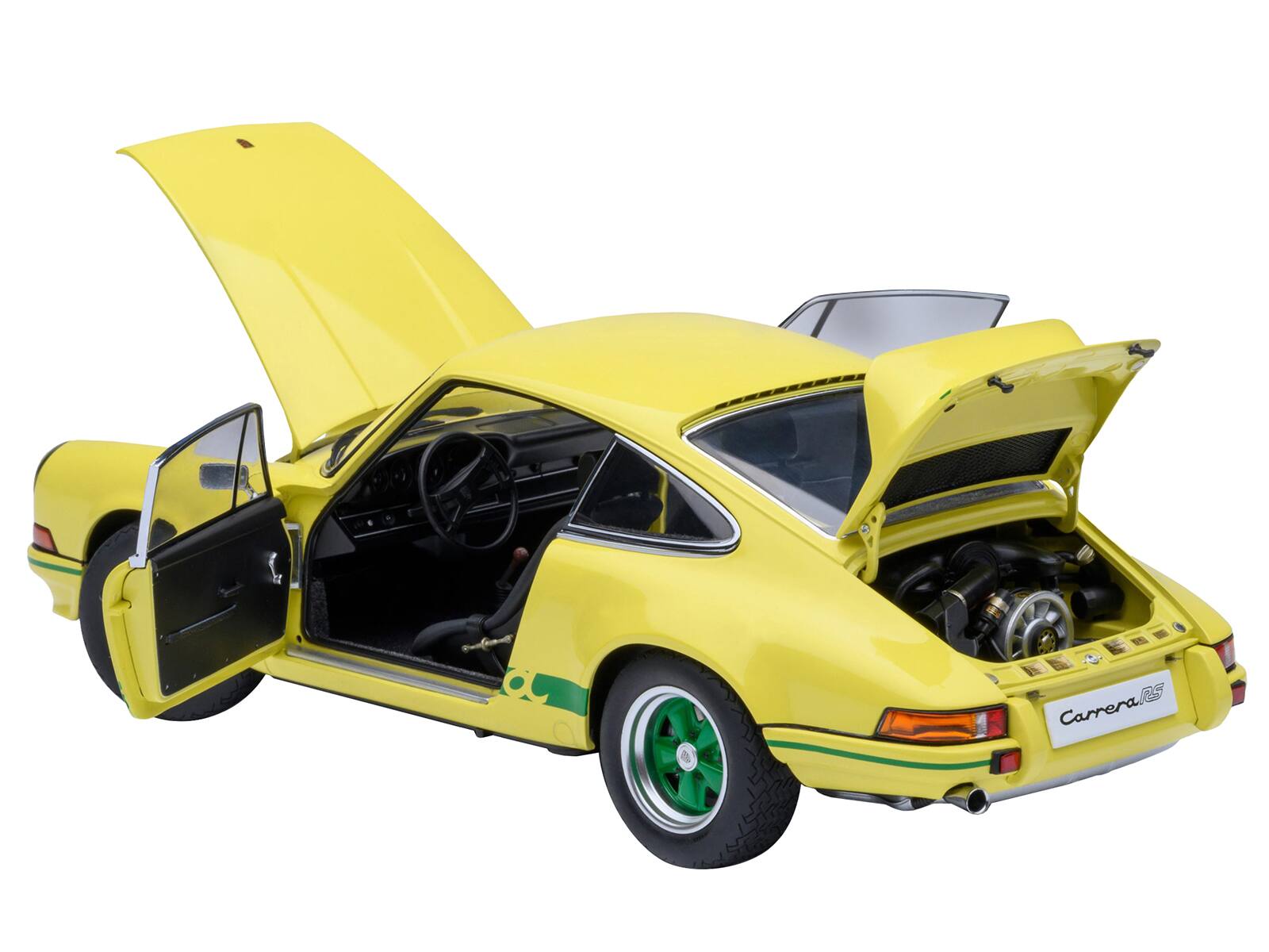 Angle. Autoart - Porsche 911 Carrera 2.7 RS Light Yellow with Green Stripes and Wheels 1/18 Model Car by Autoart - Yellow.