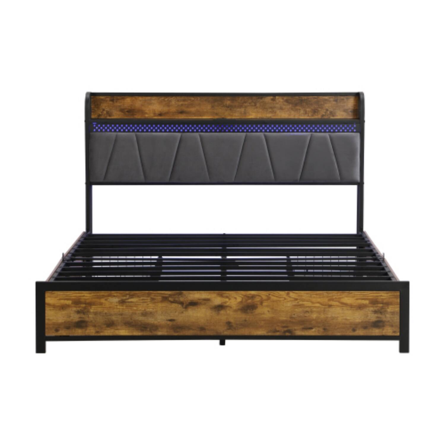 Left. LUCKY ONE - Full Size Platform Bed Frame with USB Outlets and RGB Lights, 4 Storage Drawers, Heavy Duty Metal Slats - Black+Brown+Grey.