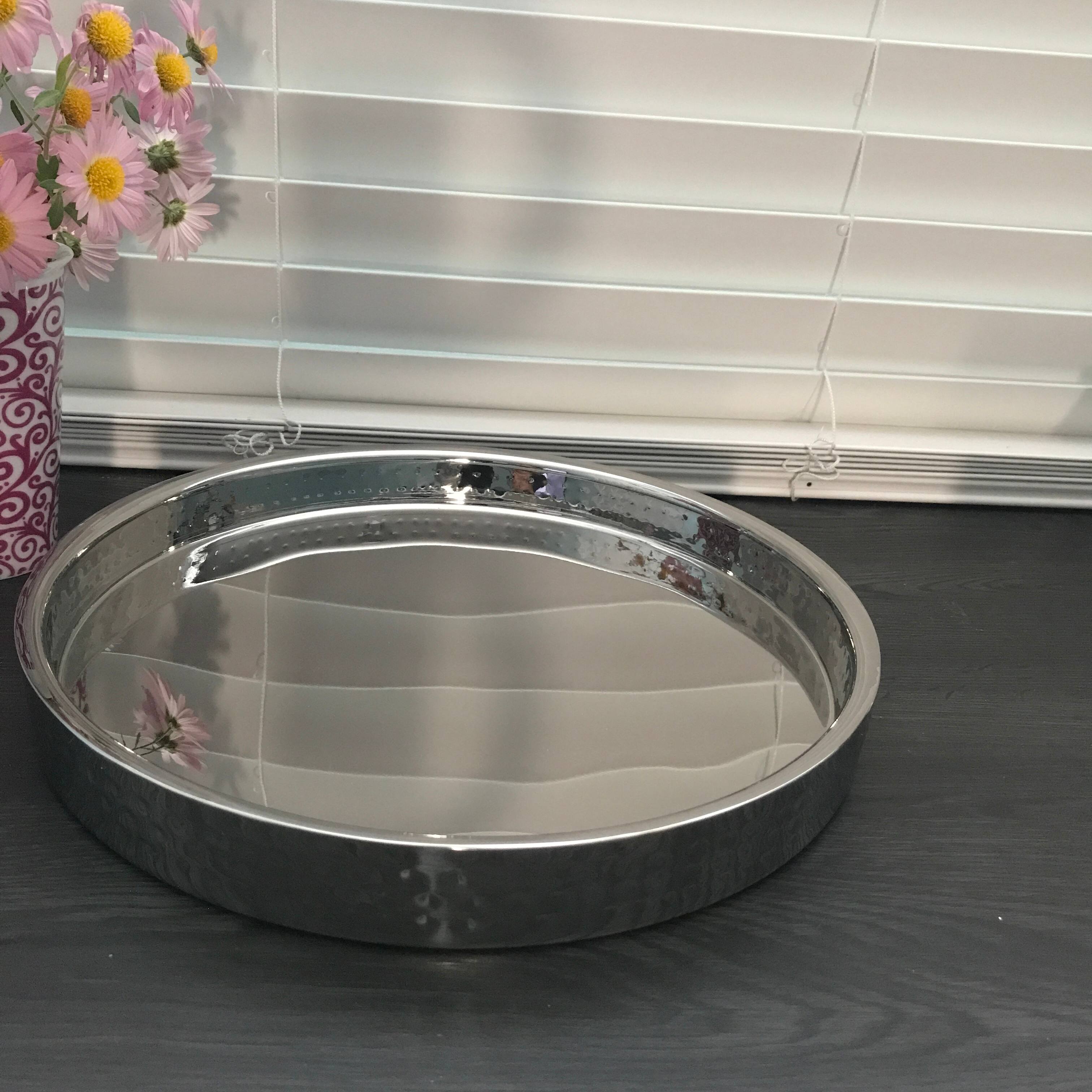 Angle. Jiallo - Stainless Steel Silver Double wall bar tray 12.5" dia - Silver.