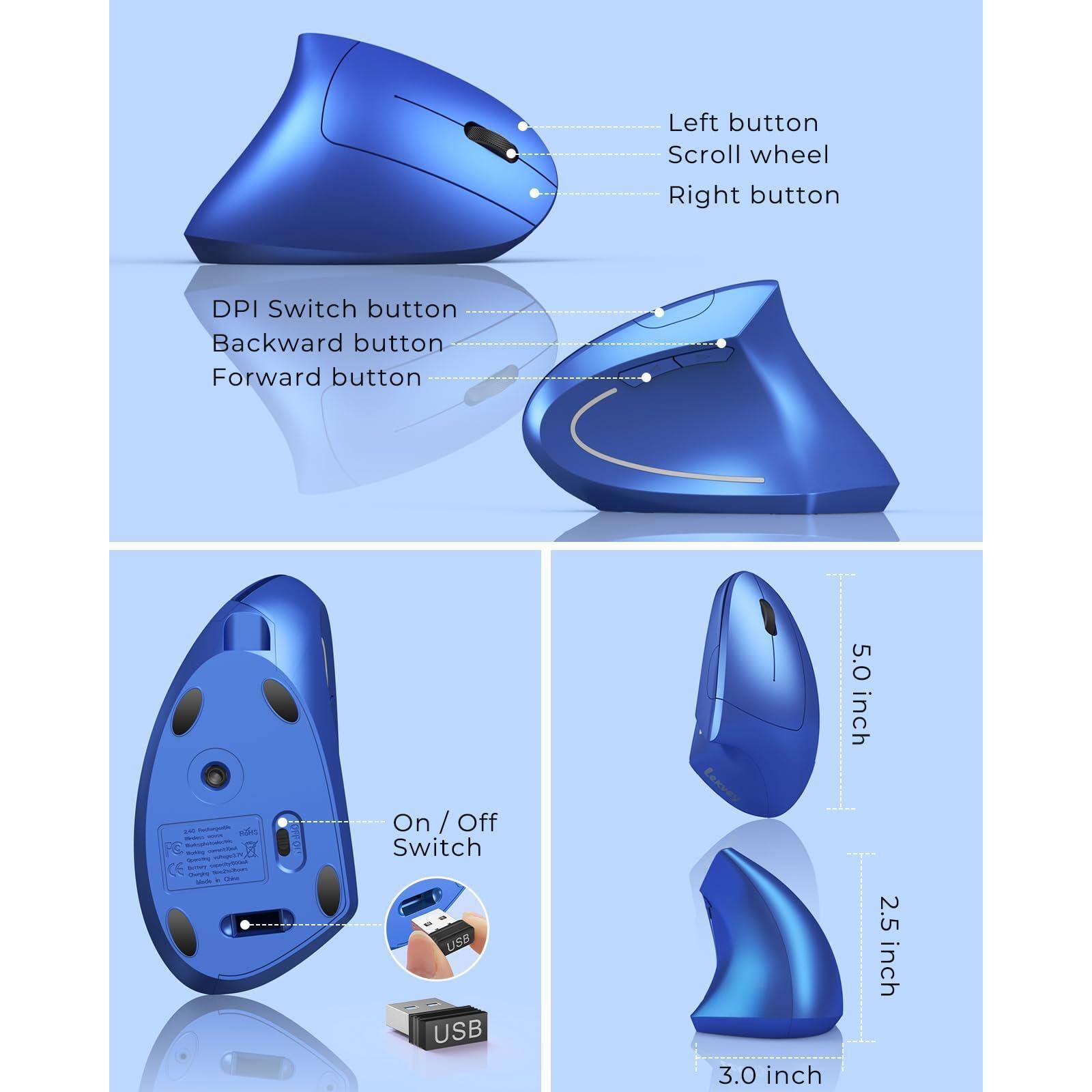 - Left button
- Scroll wheel
- Right button
- DPI Switch button
- Backward button
- Forward button

- On / Off Switch
- USB (USB 3.0)

- 5.0 inch
- 3.0 inch
- 2.5 inch