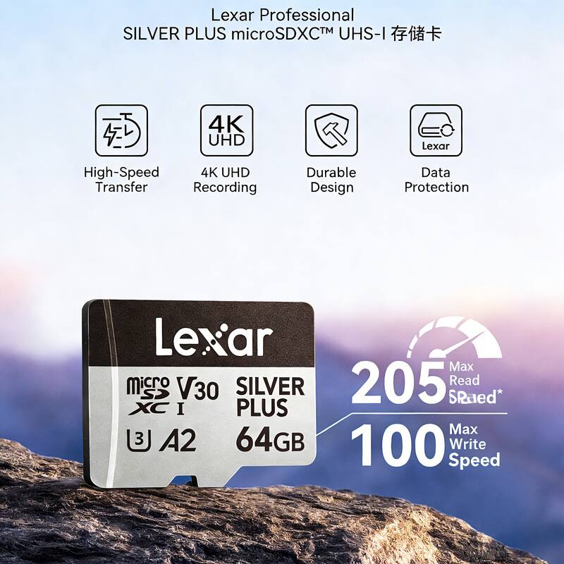Lexar Professional SILVER PLUS microSDXC™ UHS-I 4K UHD Transfer Recording Durable Design Data Protection Lexar Max Micro 205 Read S V30 SILVER SRaed* XC I PLUS Max 3 3 A2 64GB Write 100 Speed