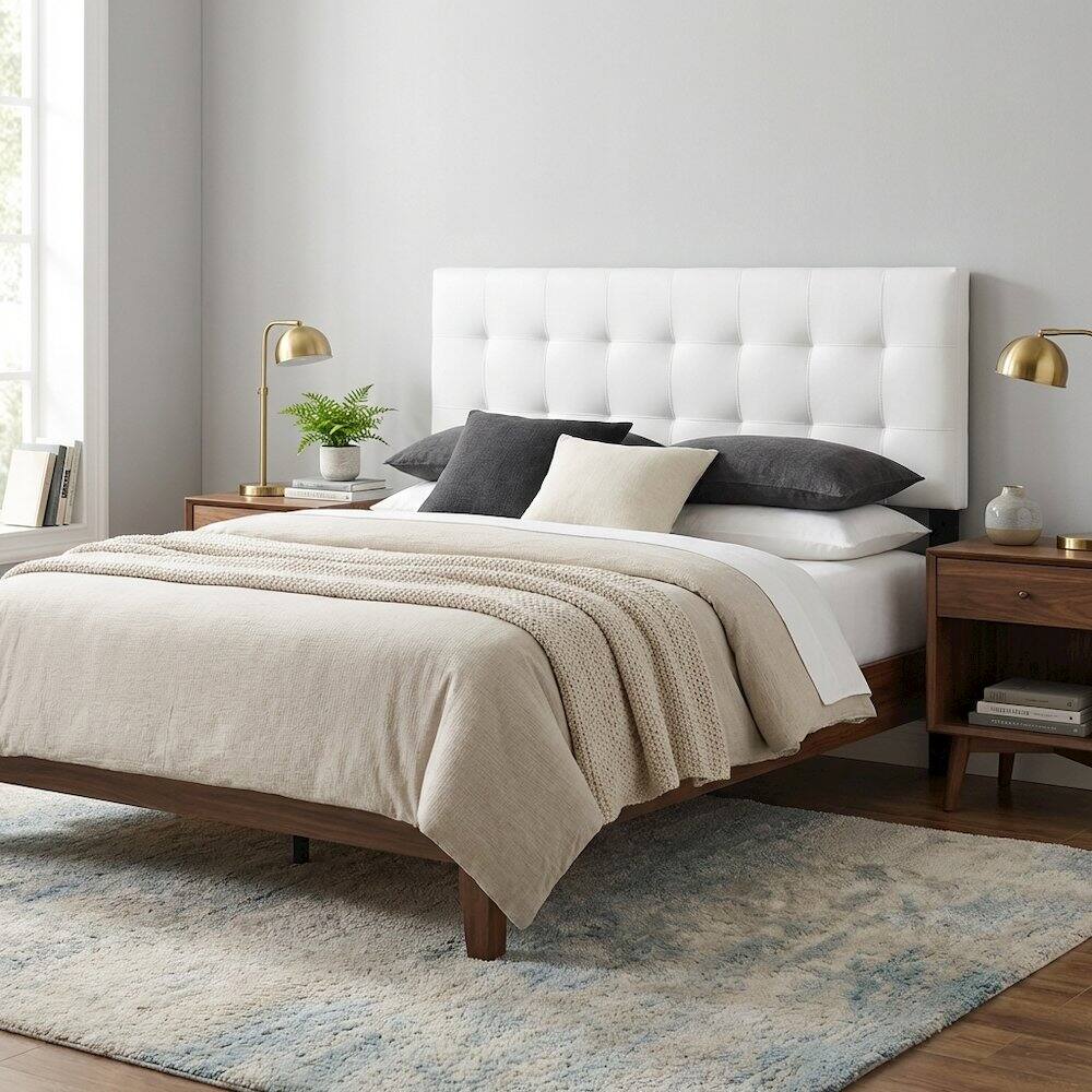 Left. FurniFact - Upholstered Vinyl Queen Headboard with Durable Padding and Sleek Design - White.