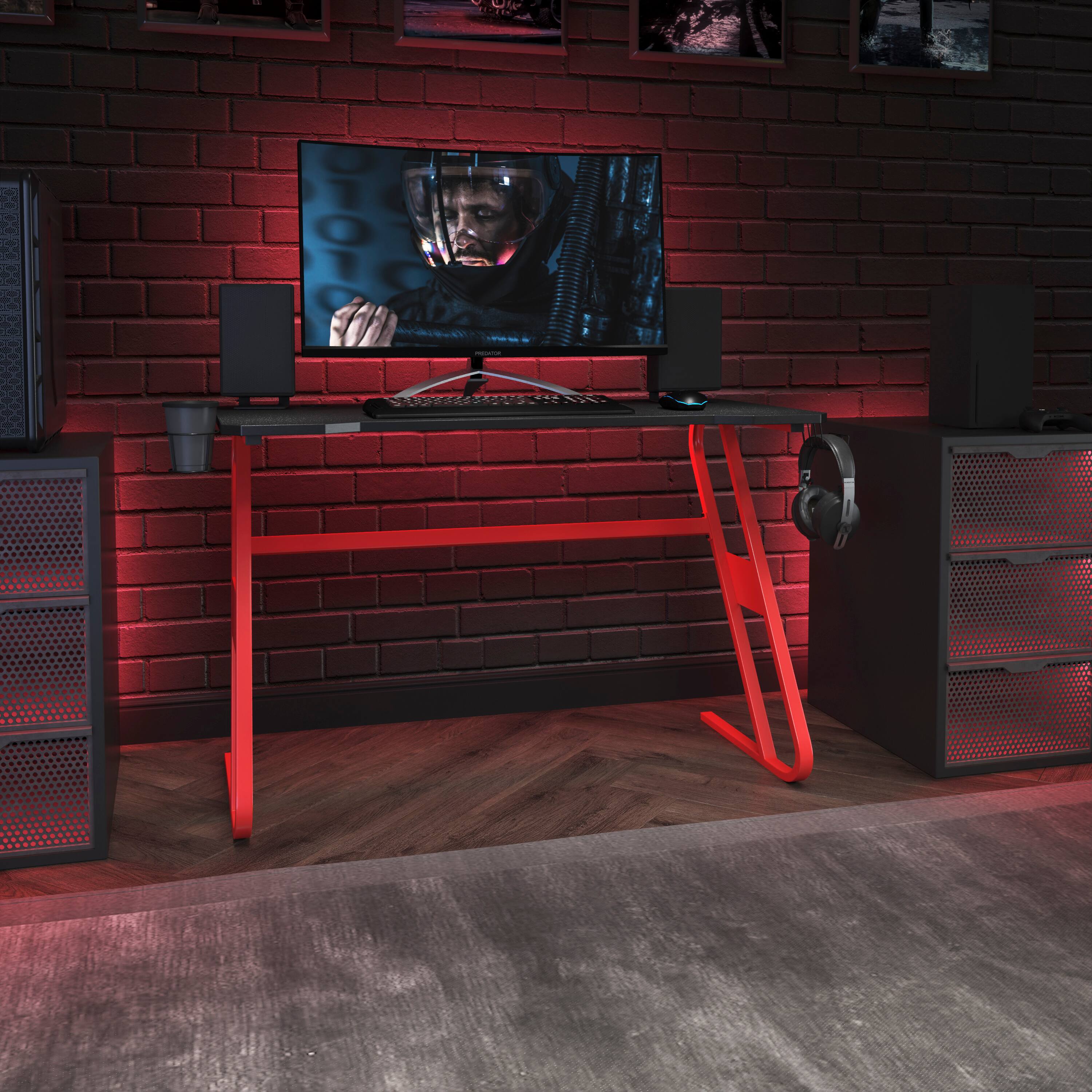 Alt View 1. Emma + Oliver - Professional Gaming Ergonomic Desk with Cup Holder and Headphone Hook - Red.