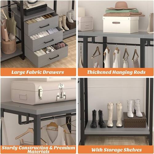 Large Fabric Drawers  
Thickened Hanging Rods  
Sturdy Construction & Premium Materials  
With Storage Shelves