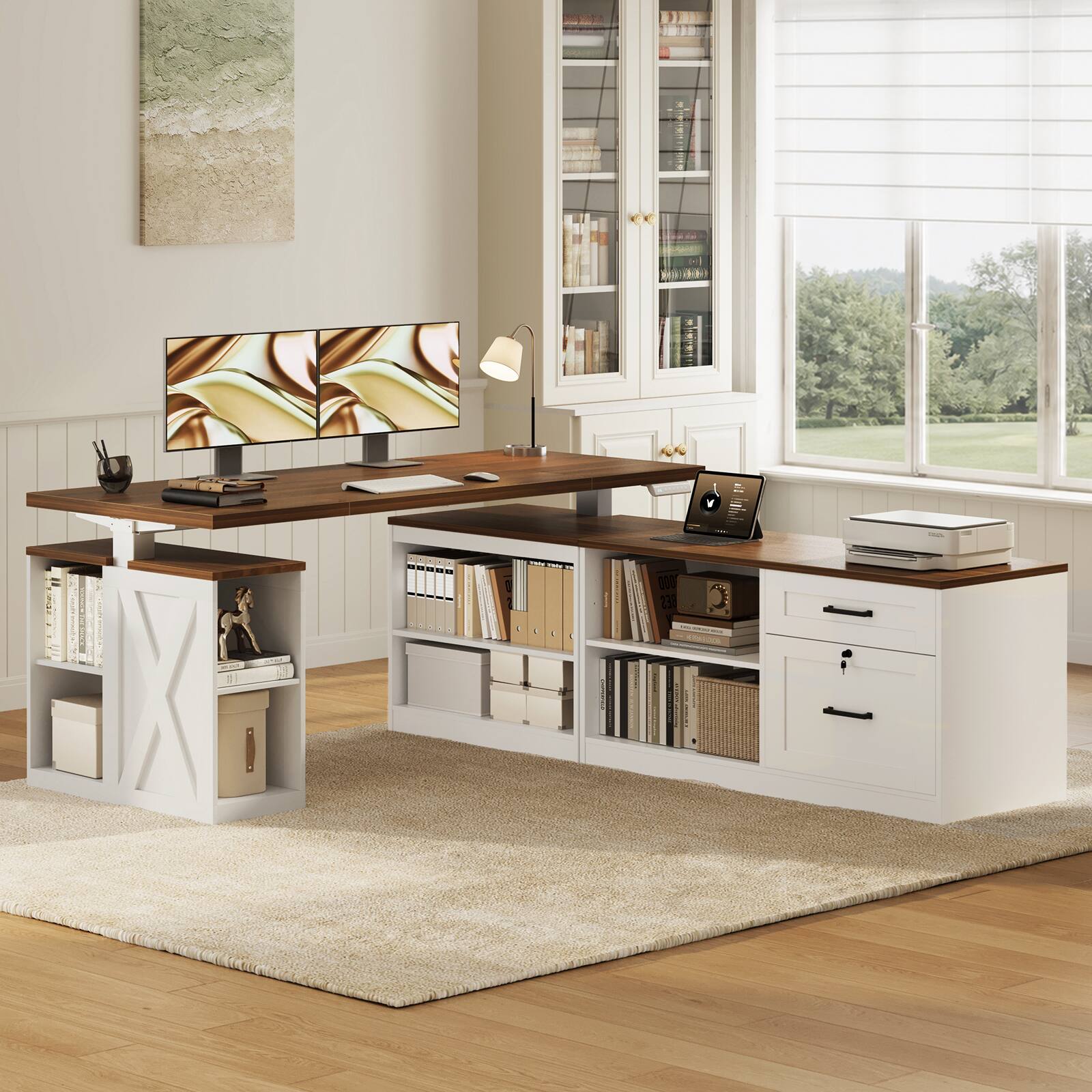 OffiGo Farmhouse L Shaped Electric Standing Desk with Open Storage ...