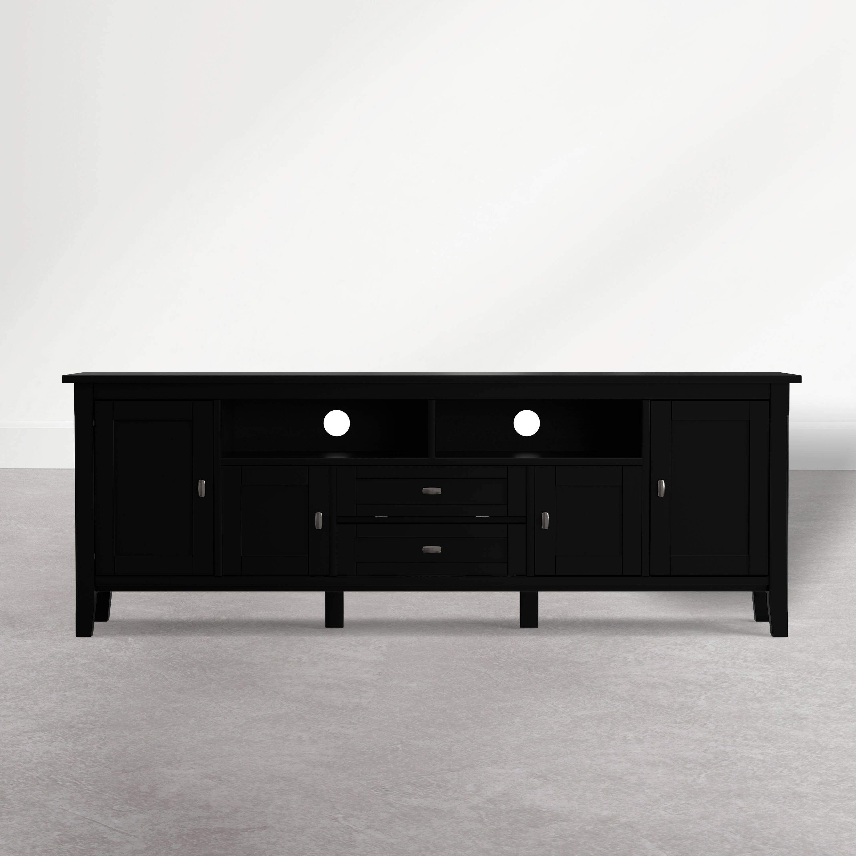 Back. Simpli Home - Warm Shaker 72 inch Wide Solid Wood TV Stand, Deep Black - Deep Black.