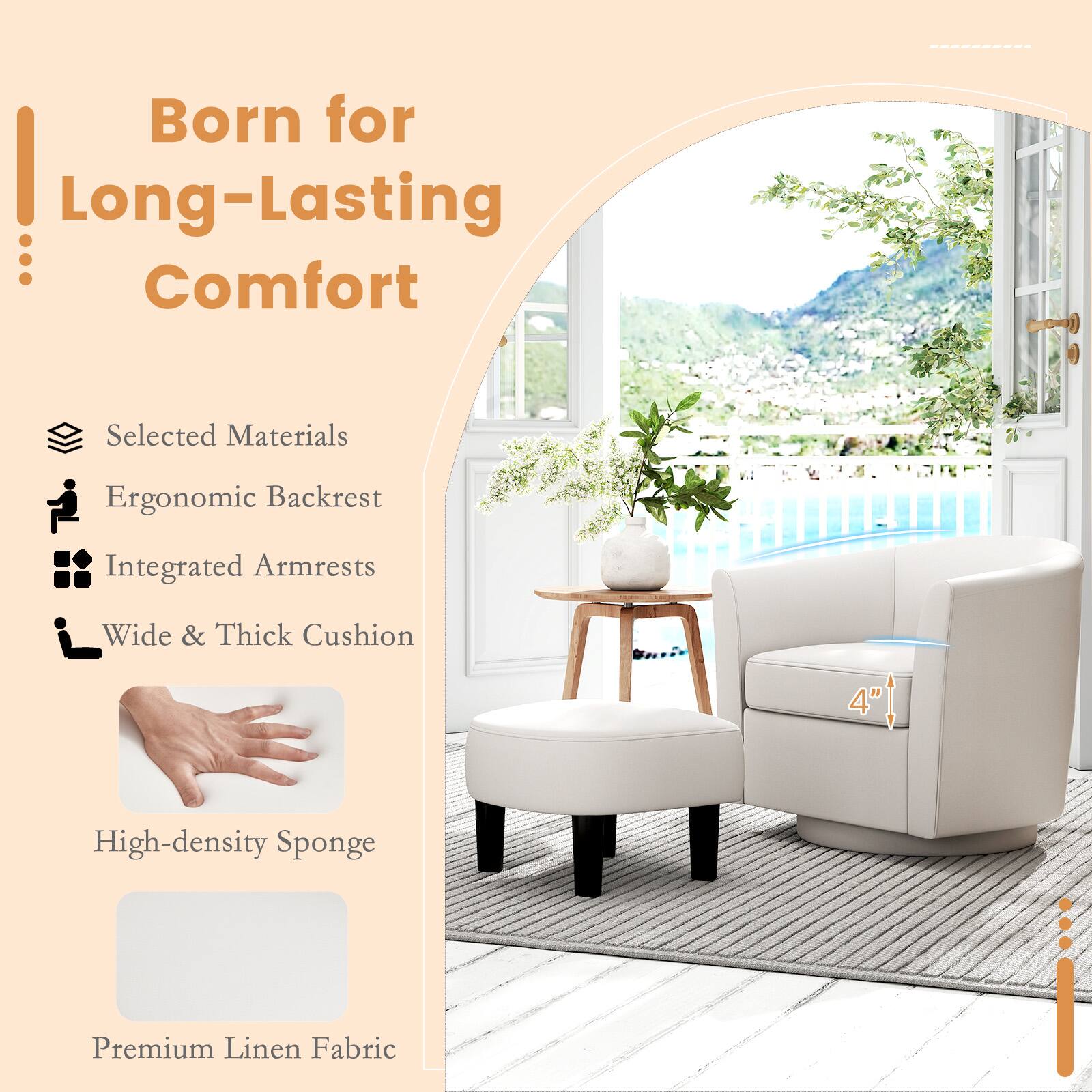 Born for Long-Lasting Comfort

- Selected Materials
- Ergonomic Backrest
- Integrated Armrests
- Wide & Thick Cushion
- High-density Sponge
- Premium Linen Fabric
