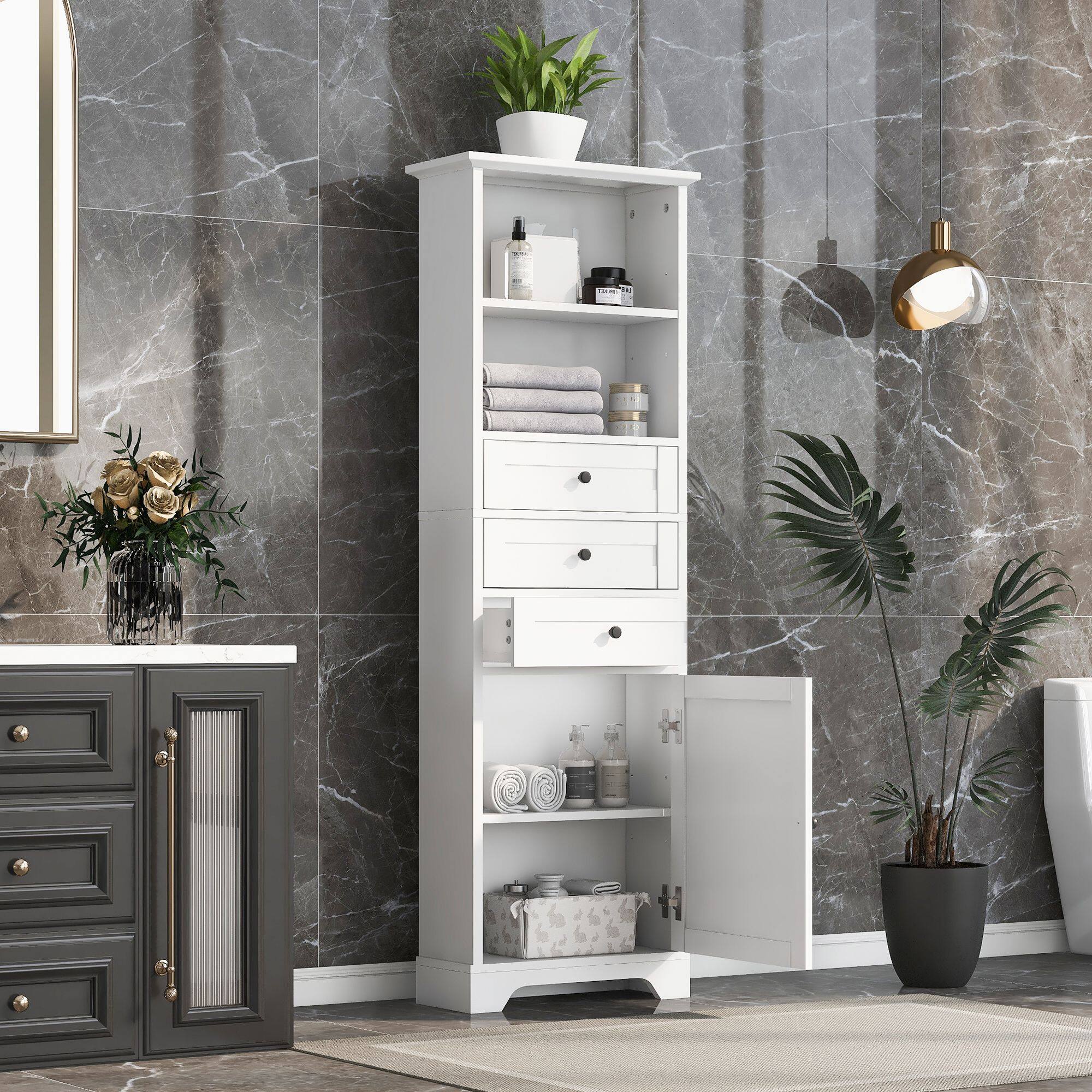 Front. Mirfee - White Tall Storage Cabinet with 3 Drawers, Adjustable Shelves, MDF, for Bathroom Office - White.