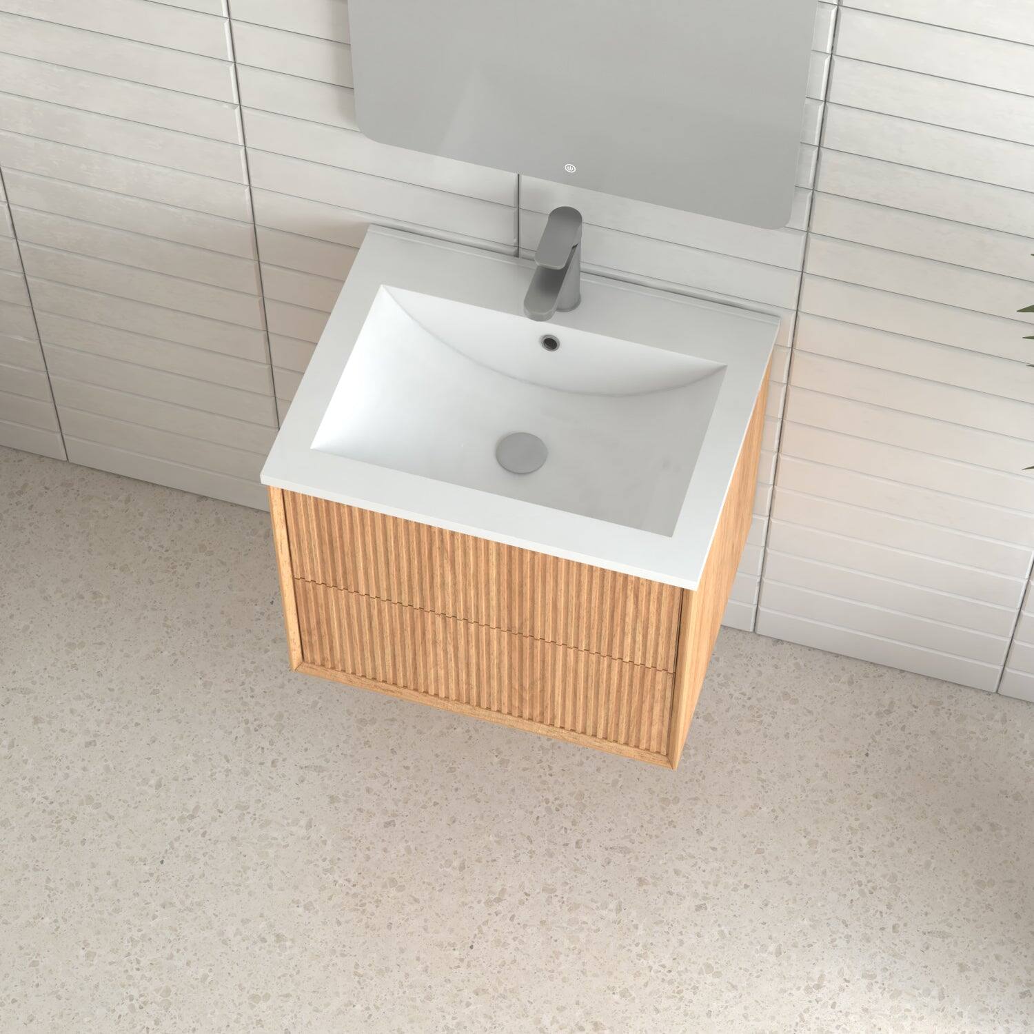 Alt View 8. Boyel Living - 24 in Floating Bathroom Vanity Set Wall-Mounted Solid Wood Cabinet with 2 Push-Open Drawers White Resin Integrated Basin - Walnut.