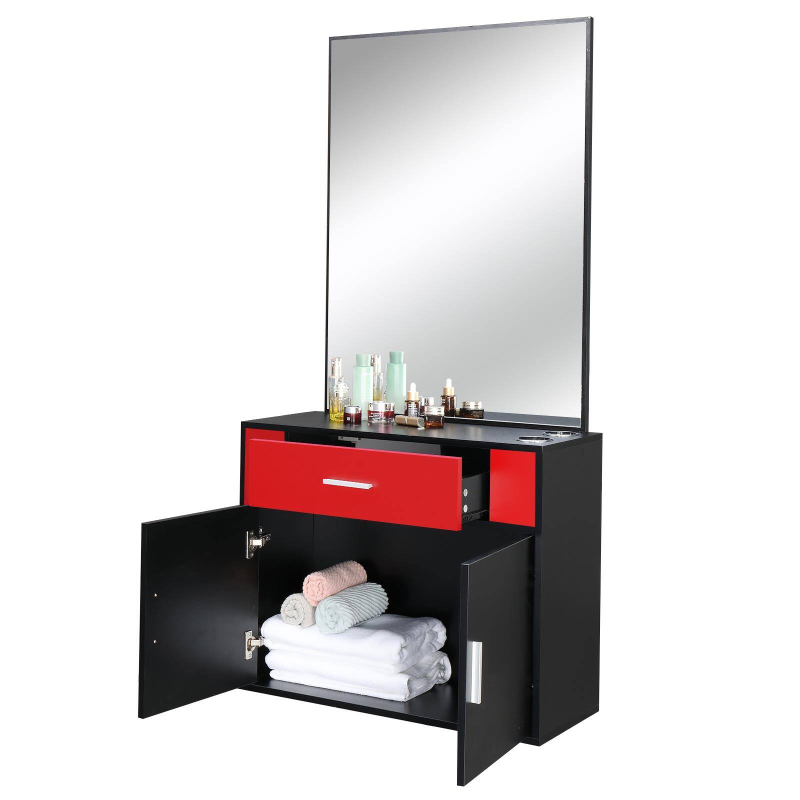 Alt View 2. Winado - Wall Mount Salon Cabinet Barber Stations with Mirror Barber Beauty Spa Equipment - Black & Red.