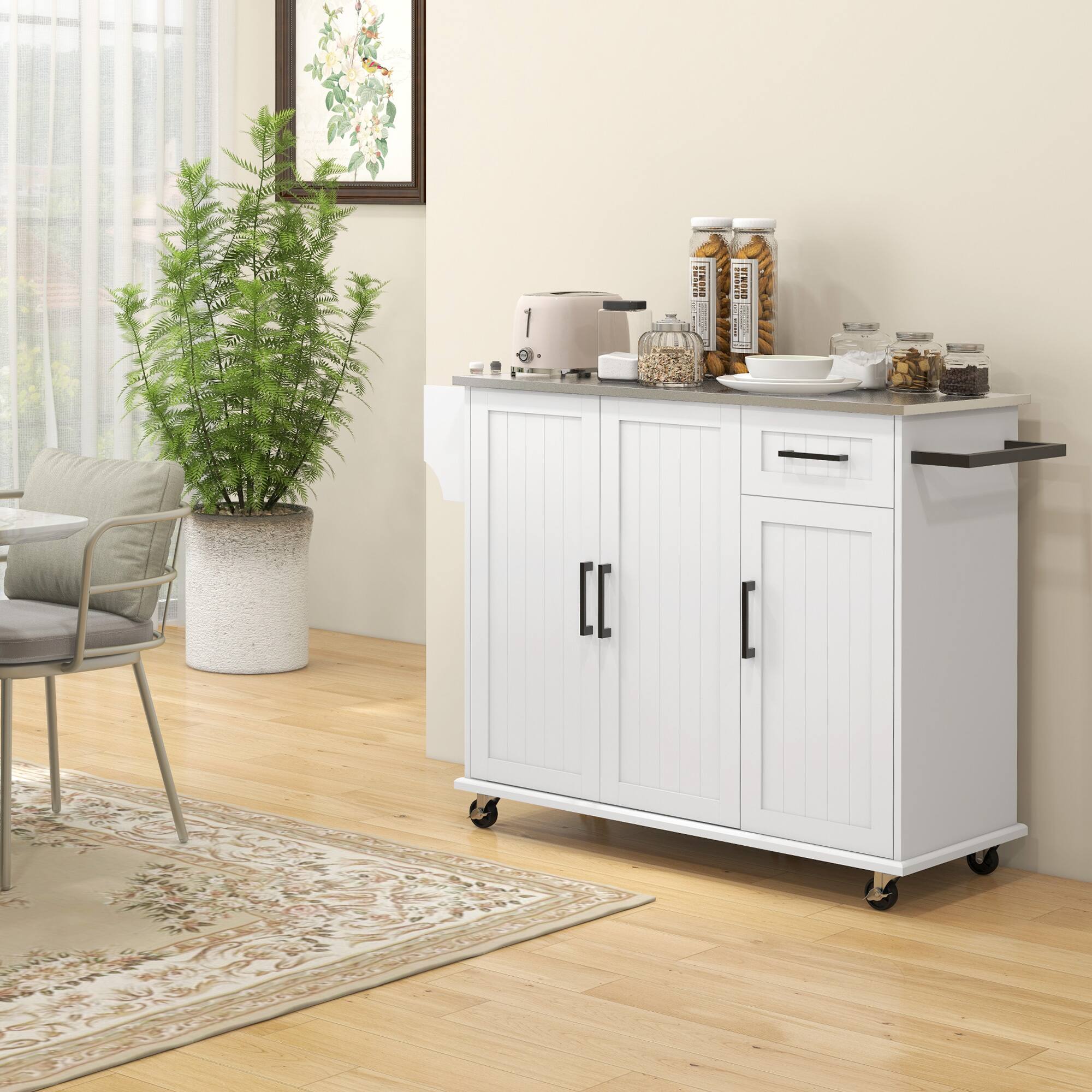 Alt View 1. Homcom - Kitchen Island Cart with Storage, Rolling Kitchen Island on Wheels with Drawer, 3 Cabinets, Stainless Steel Counter top - White.