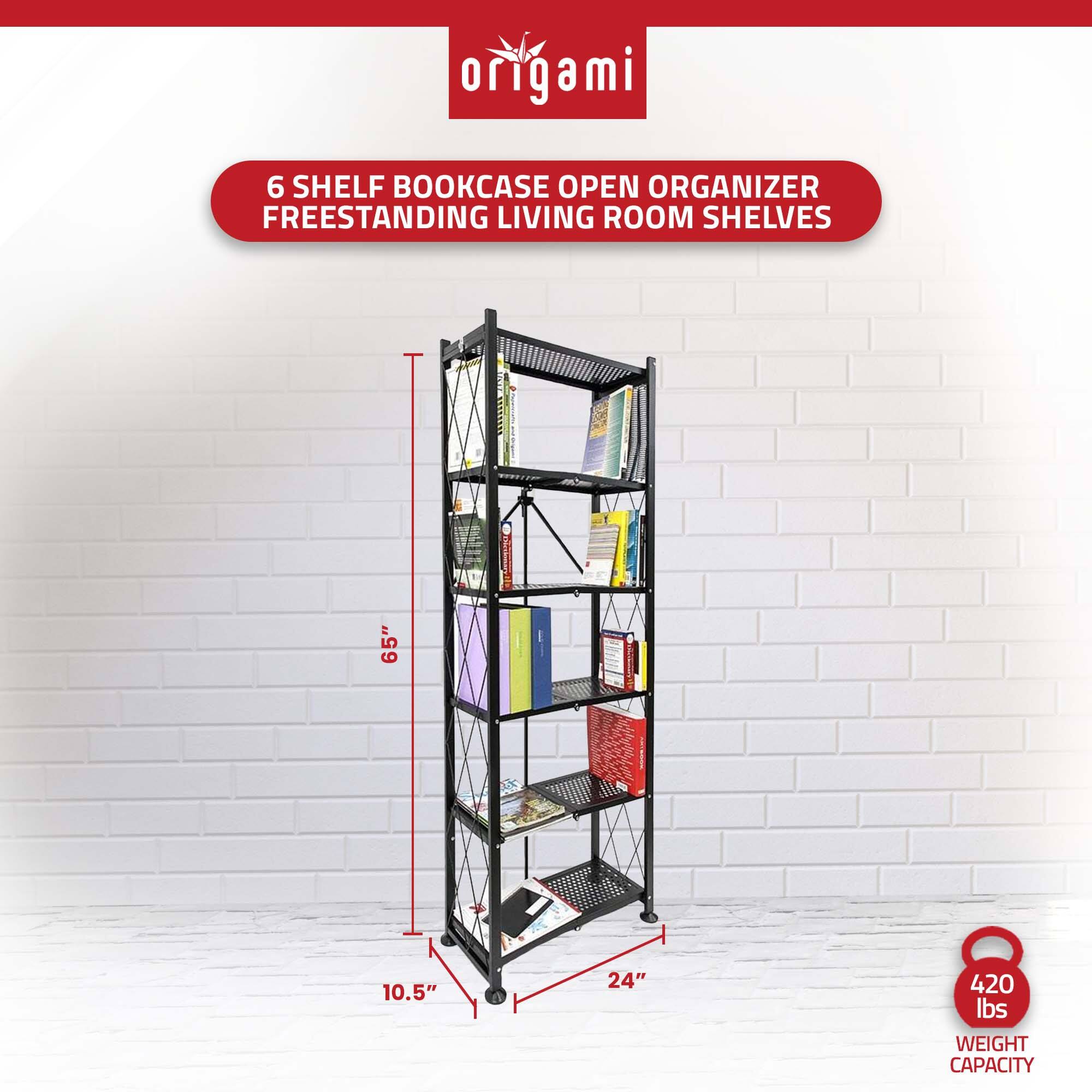 origami  
6 SHELF BOOKCASE OPEN ORGANIZER  
FREESTANDING LIVING ROOM SHELVES  
65" x 10.5" x 24"  
420 lbs WEIGHT CAPACITY