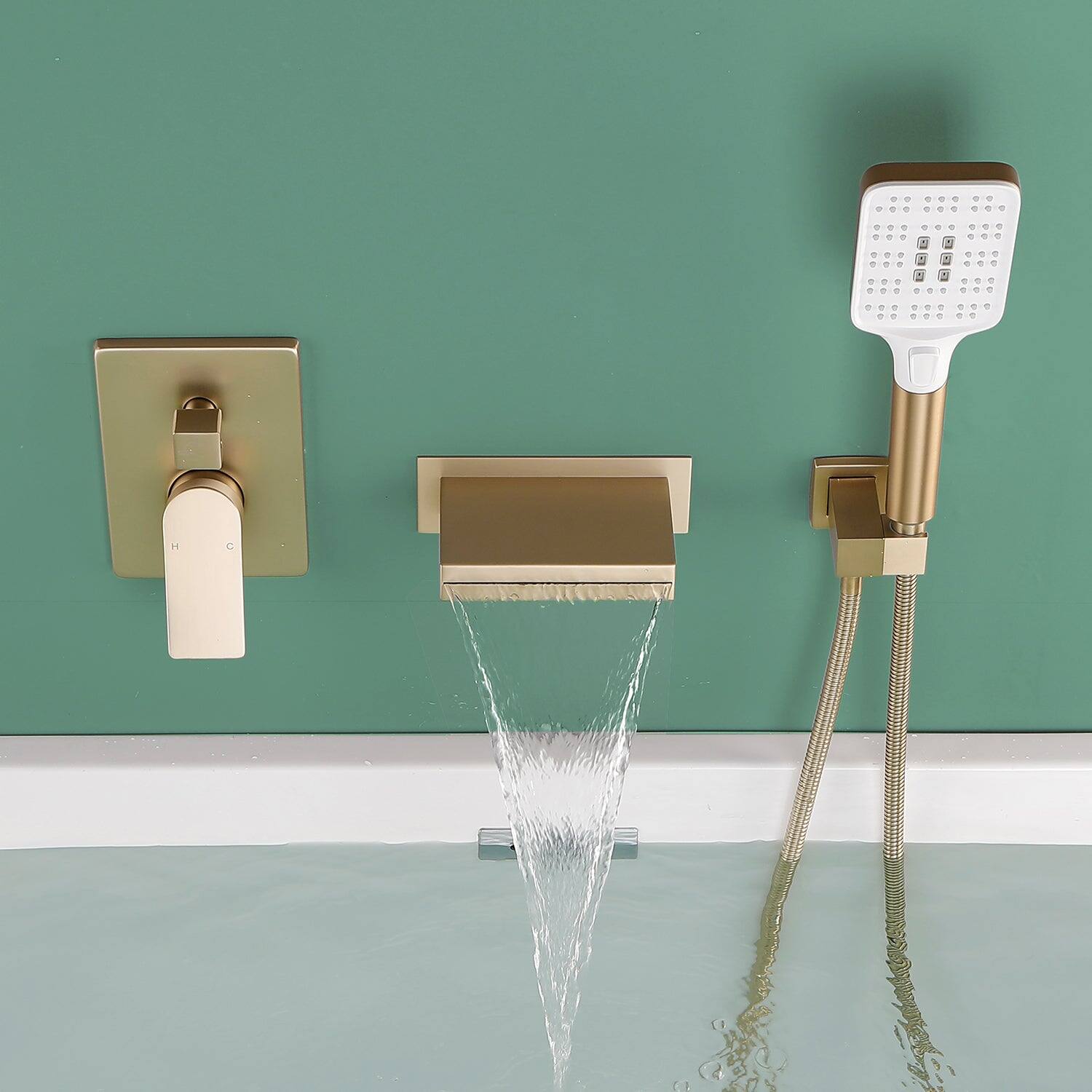 Alt View 2. Boyel Living - Brushed Gold Bathtub Faucet 2-Function Brass Pressure Balance Valve 3-Function Hand Shower 1.5m SUS304 Hose - Brushed Gold.